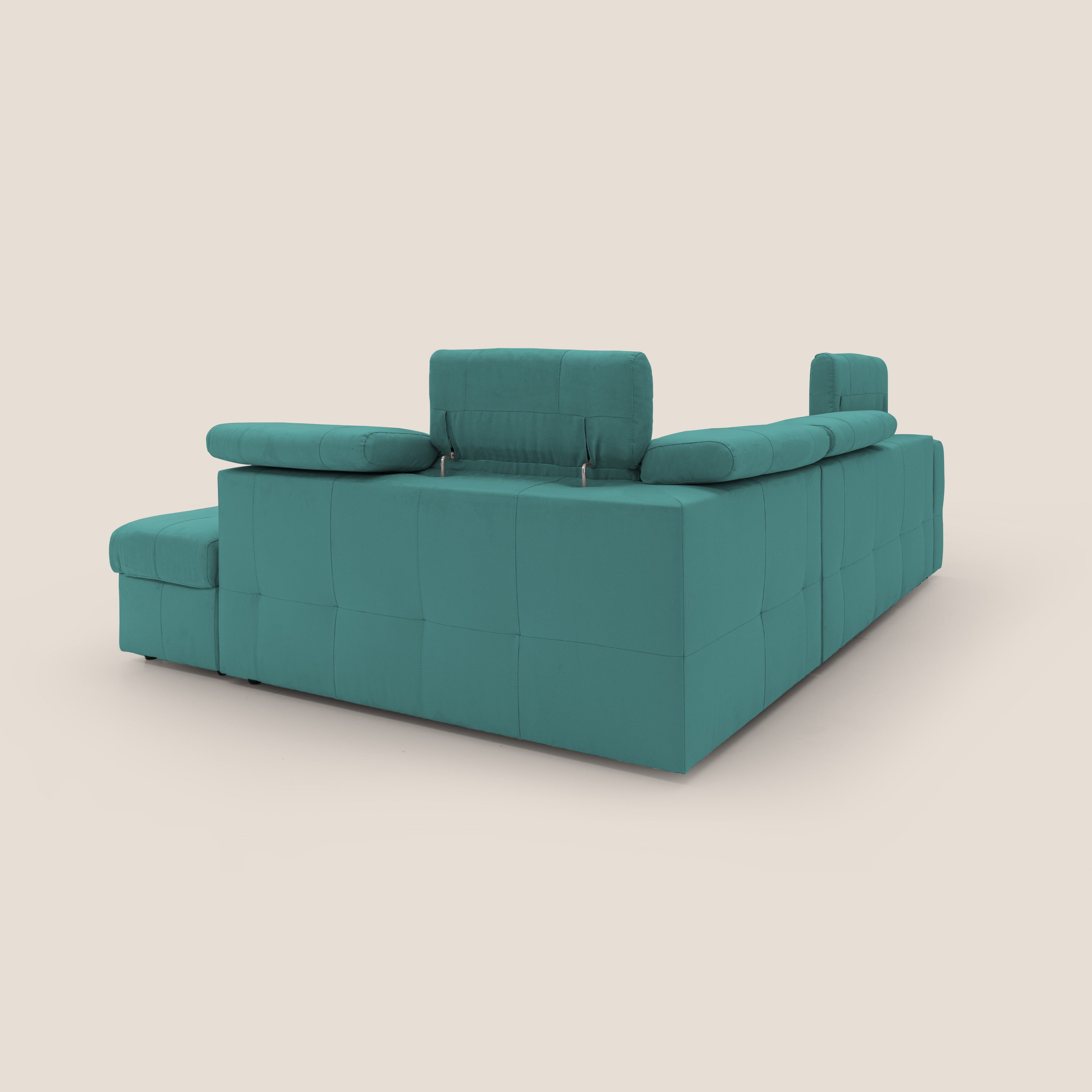Kronos Divano angolare con poggiapiedi estraibile e pouf contenitore mobile in microfibra impermeabile T11 petrolio - divani.store