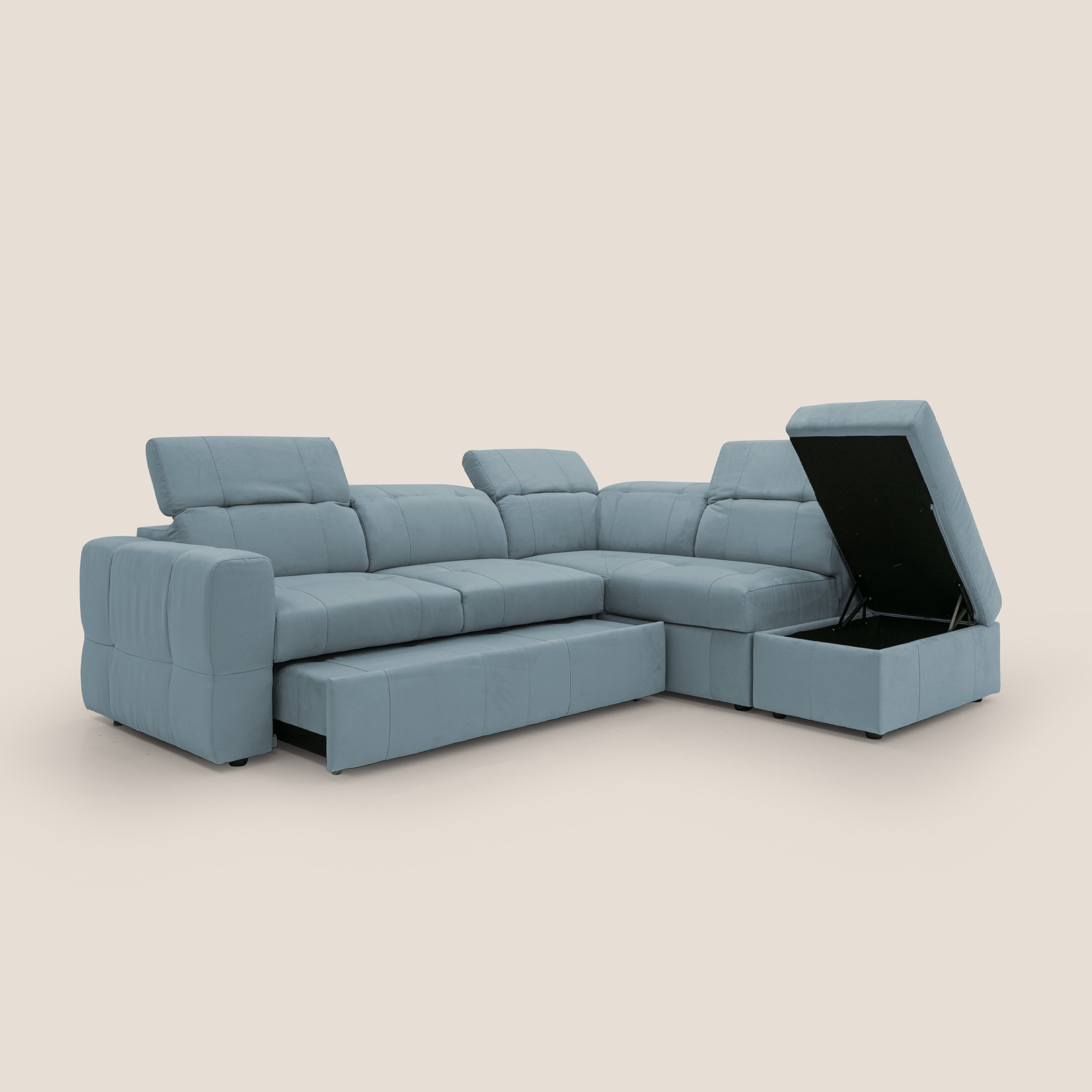 Kronos Divano angolare con poggiapiedi estraibile e pouf contenitore mobile in microfibra impermeabile T11 carta da zucchero - divani.store