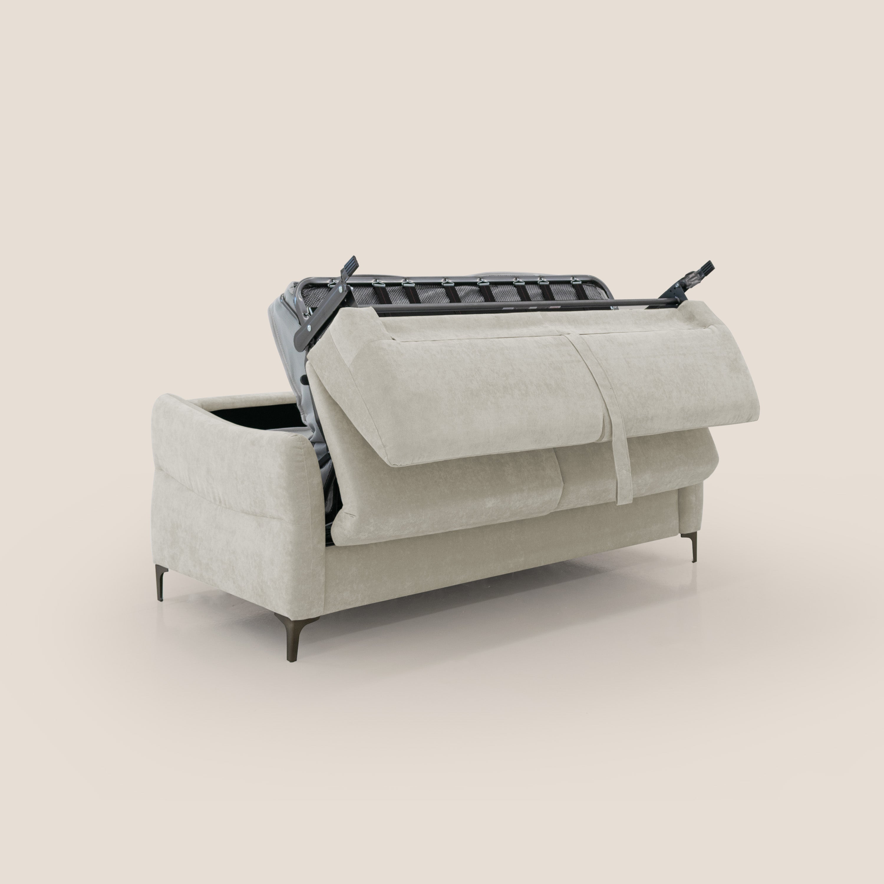 Dalia divano letto con materasso H18 cm e piedi alti in raffinato tessuto smacchiabile T17 panna - divani.store
