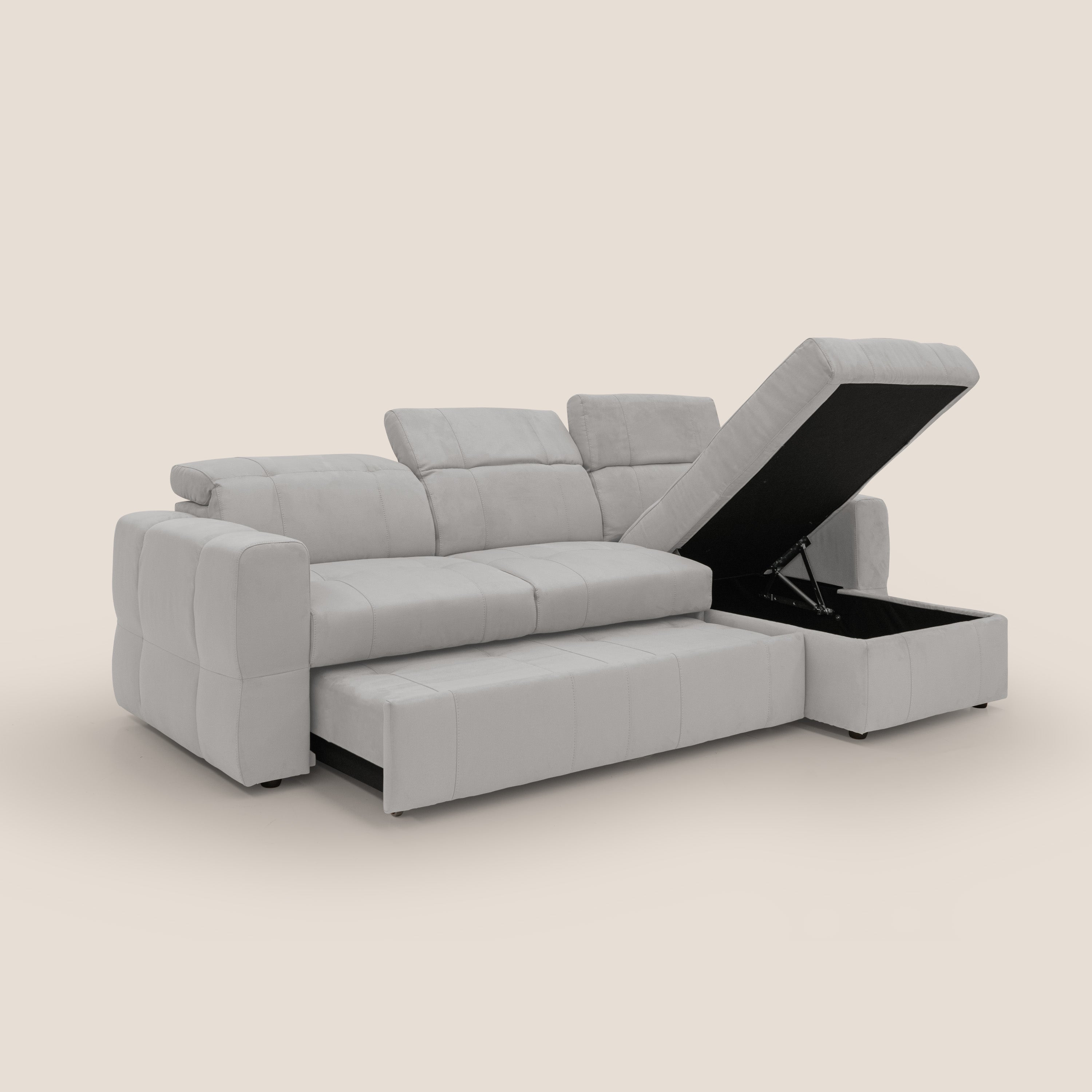 Kronos Divano angolare con pouf estraibile e penisola contenitore in microfibra impermeabile T11 grigio chiaro - divani.store