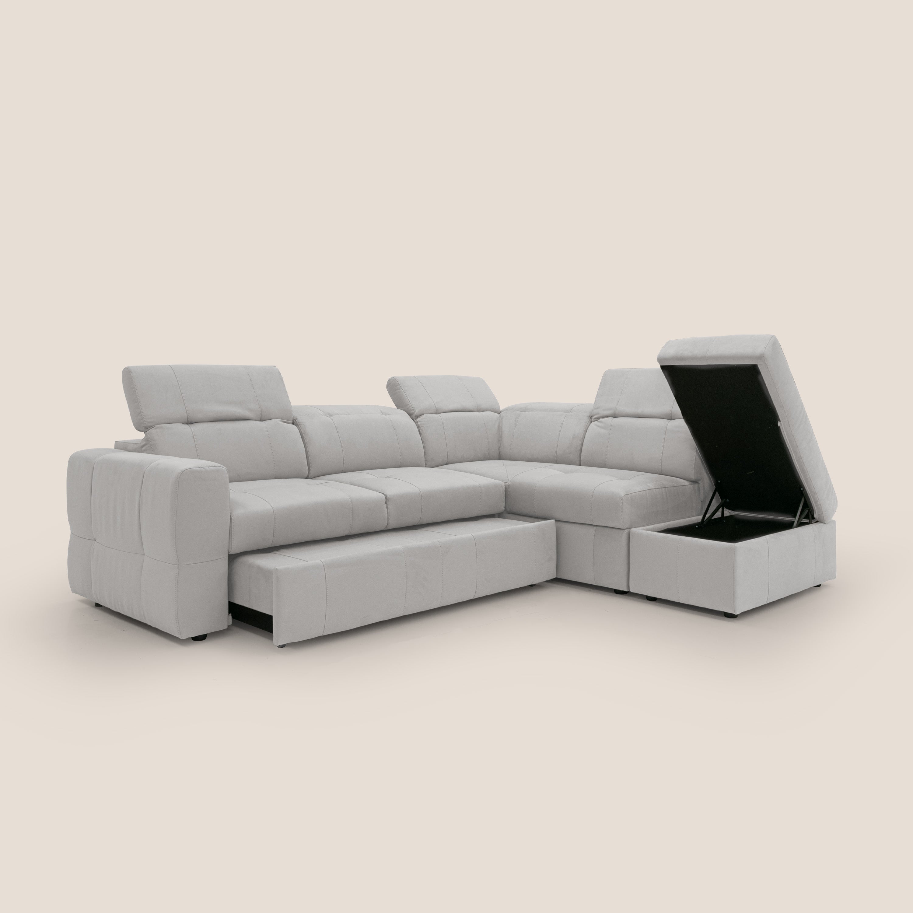 Kronos Divano angolare con poggiapiedi estraibile e pouf contenitore mobile in microfibra impermeabile T11 grigio chiaro - divani.store