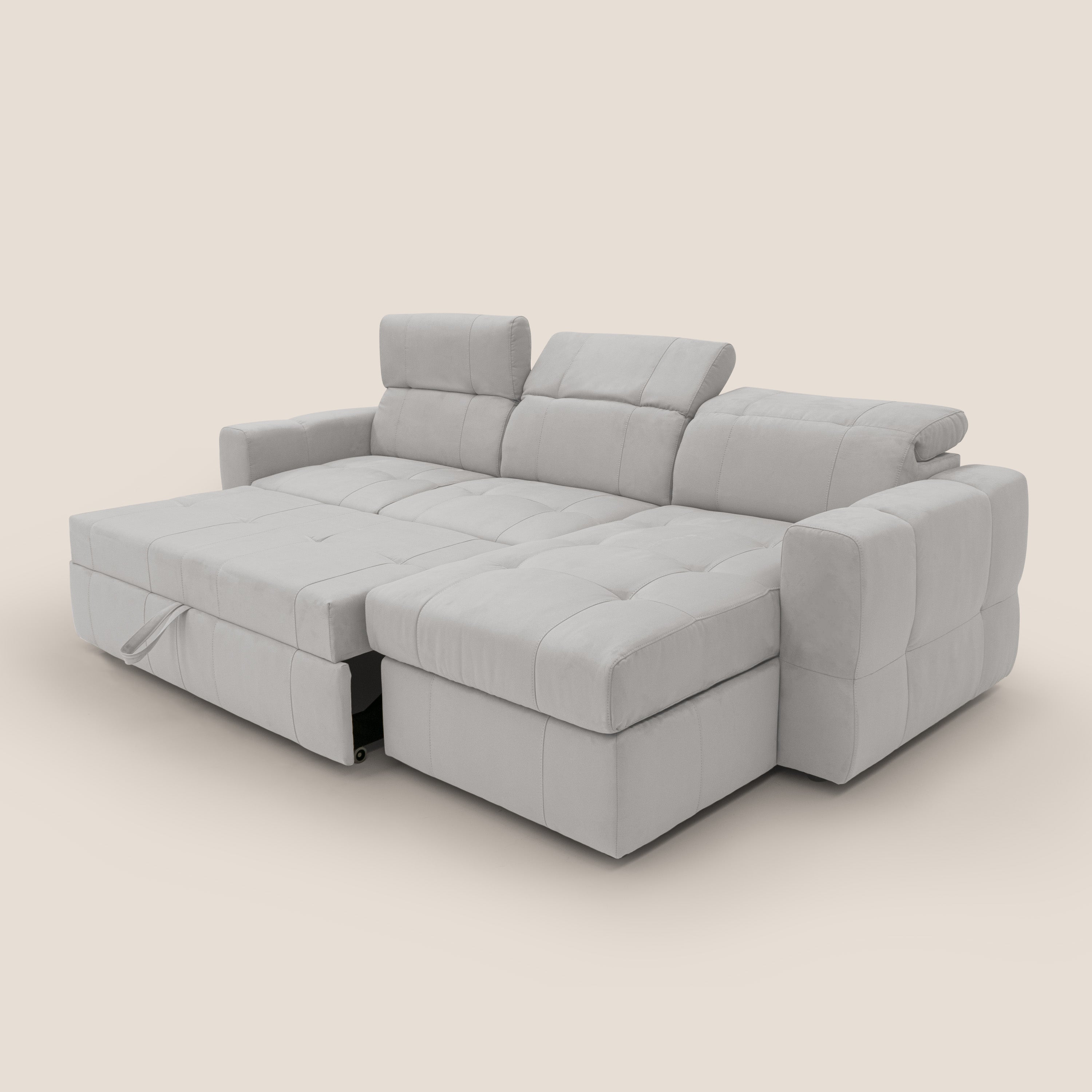 Kronos Divano angolare con pouf estraibile e penisola contenitore in microfibra impermeabile T11 grigio chiaro - divani.store