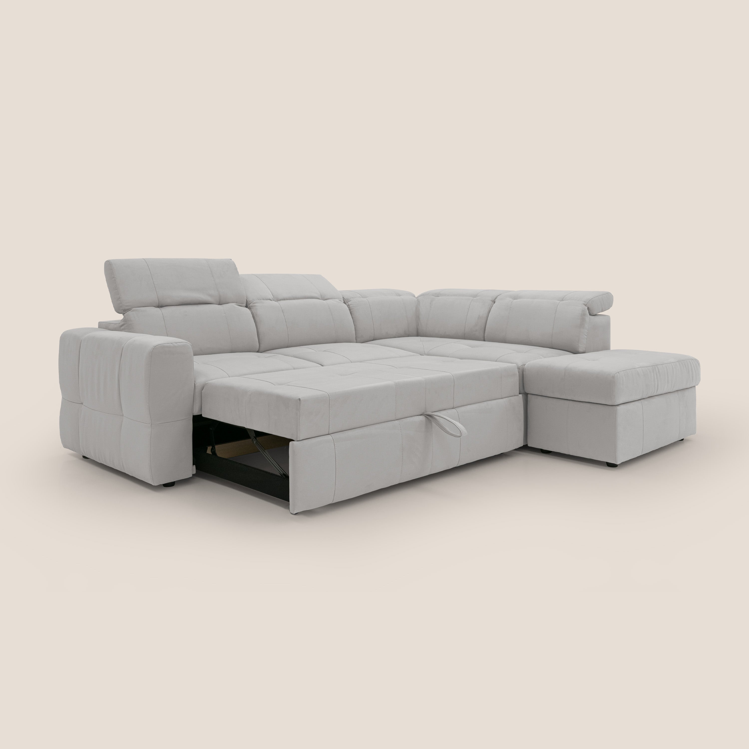 Kronos Divano angolare con poggiapiedi estraibile e pouf contenitore mobile in microfibra impermeabile T11 grigio chiaro - divani.store