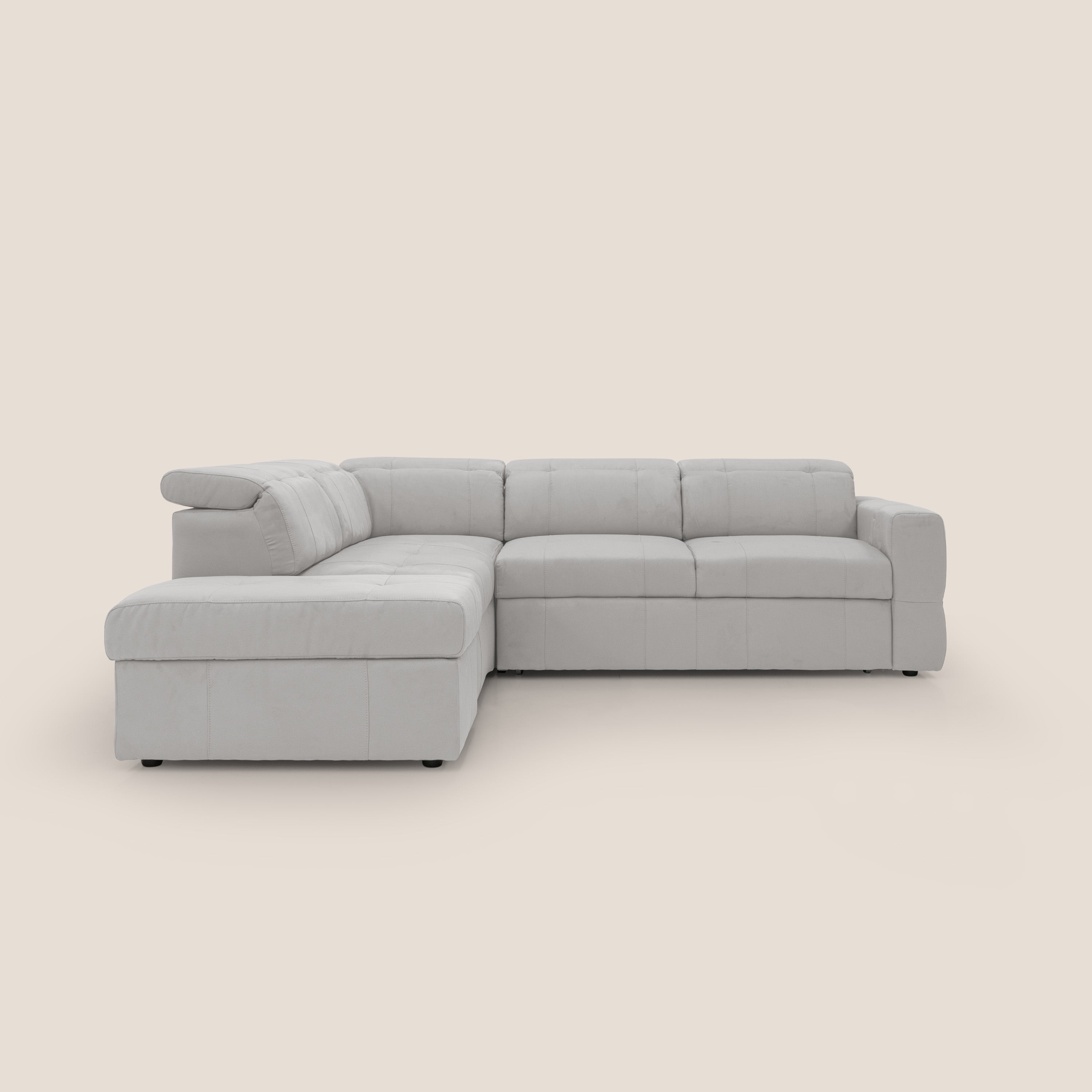 Kronos Divano angolare con poggiapiedi estraibile e pouf contenitore mobile in microfibra impermeabile T11 grigio chiaro - divani.store