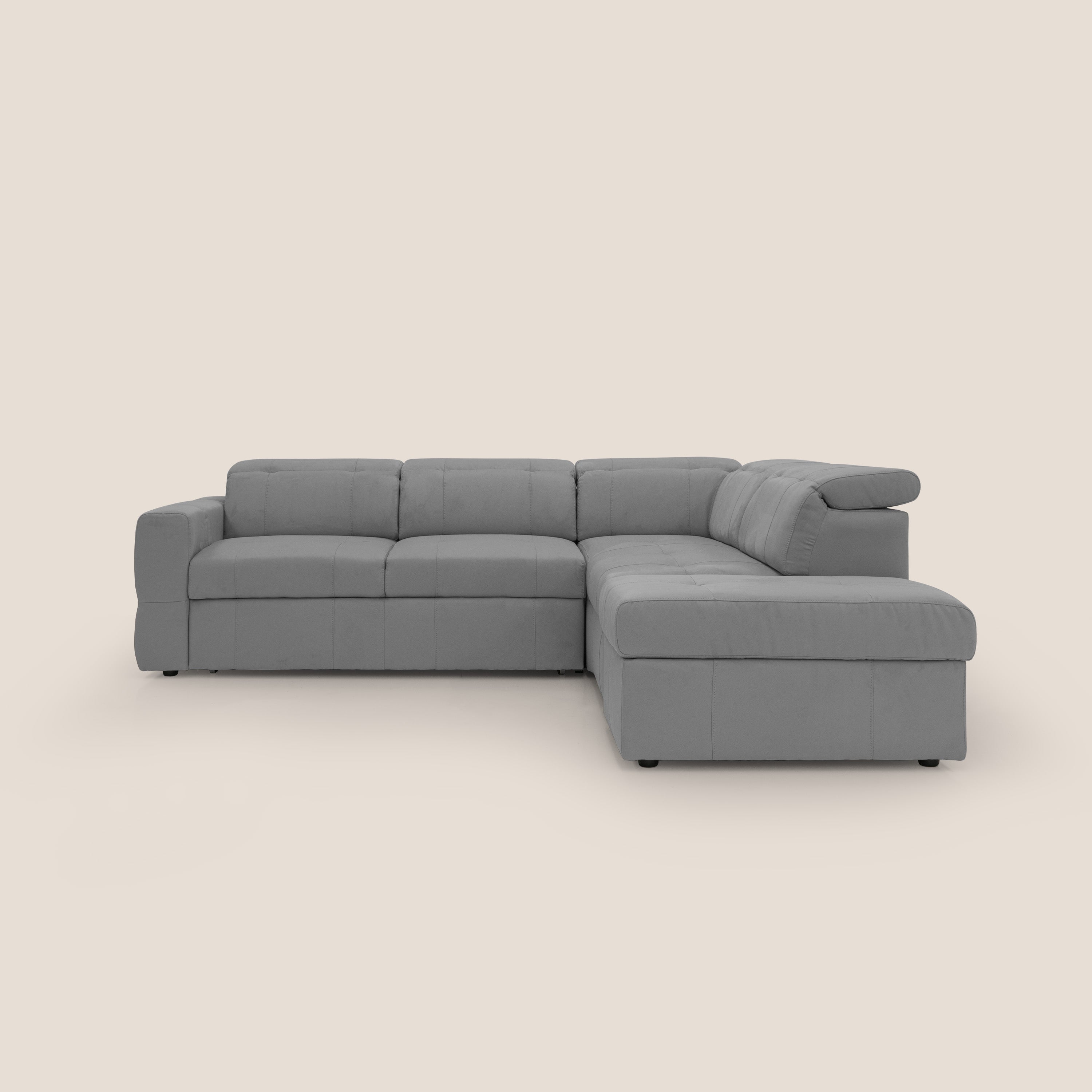 Kronos Divano angolare con poggiapiedi estraibile e pouf contenitore mobile in microfibra impermeabile T11 grigio - divani.store