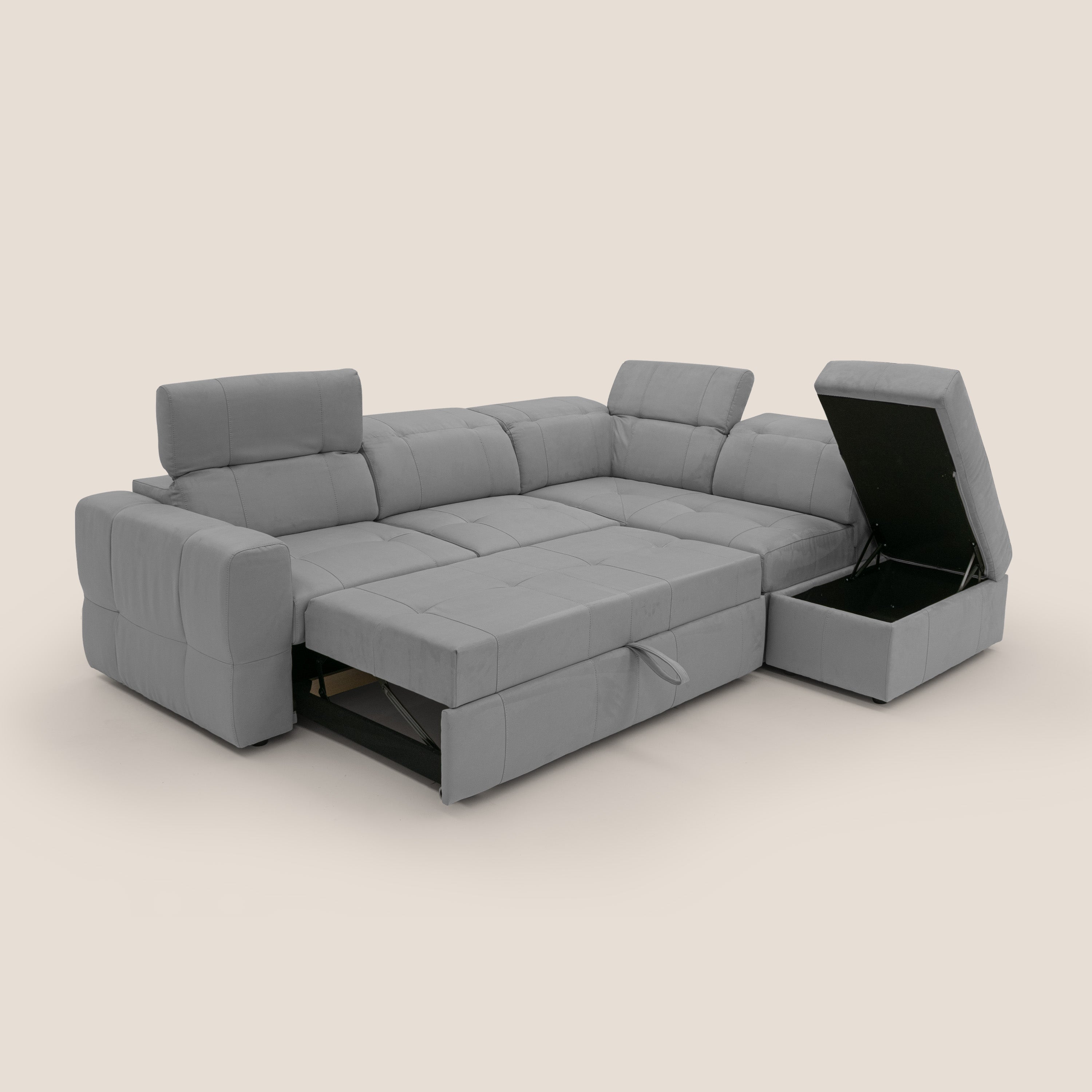 Kronos Divano angolare con poggiapiedi estraibile e pouf contenitore mobile in microfibra impermeabile T11 grigio - divani.store