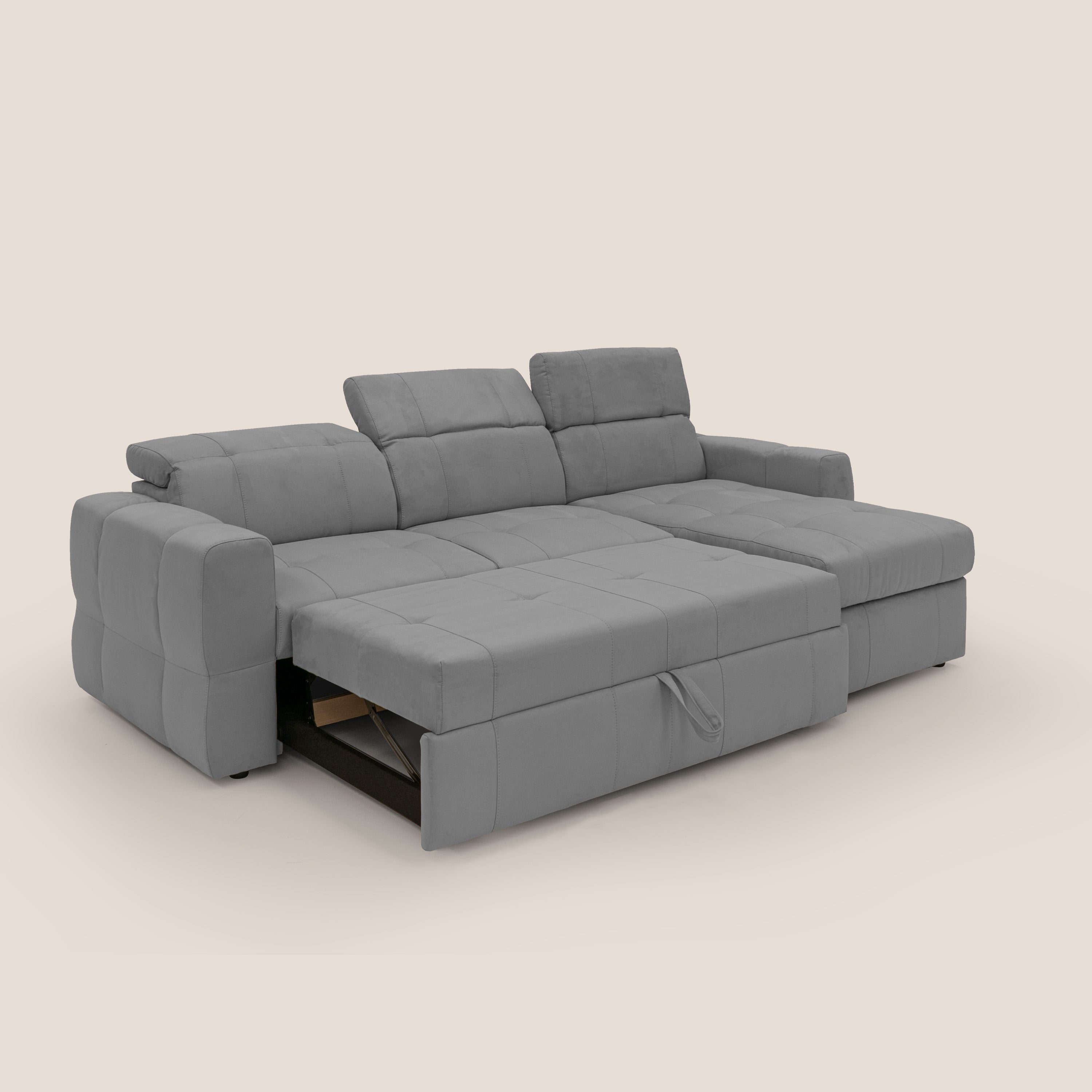 Kronos Divano angolare con pouf estraibile e penisola contenitore in microfibra impermeabile T11 grigio - divani.store