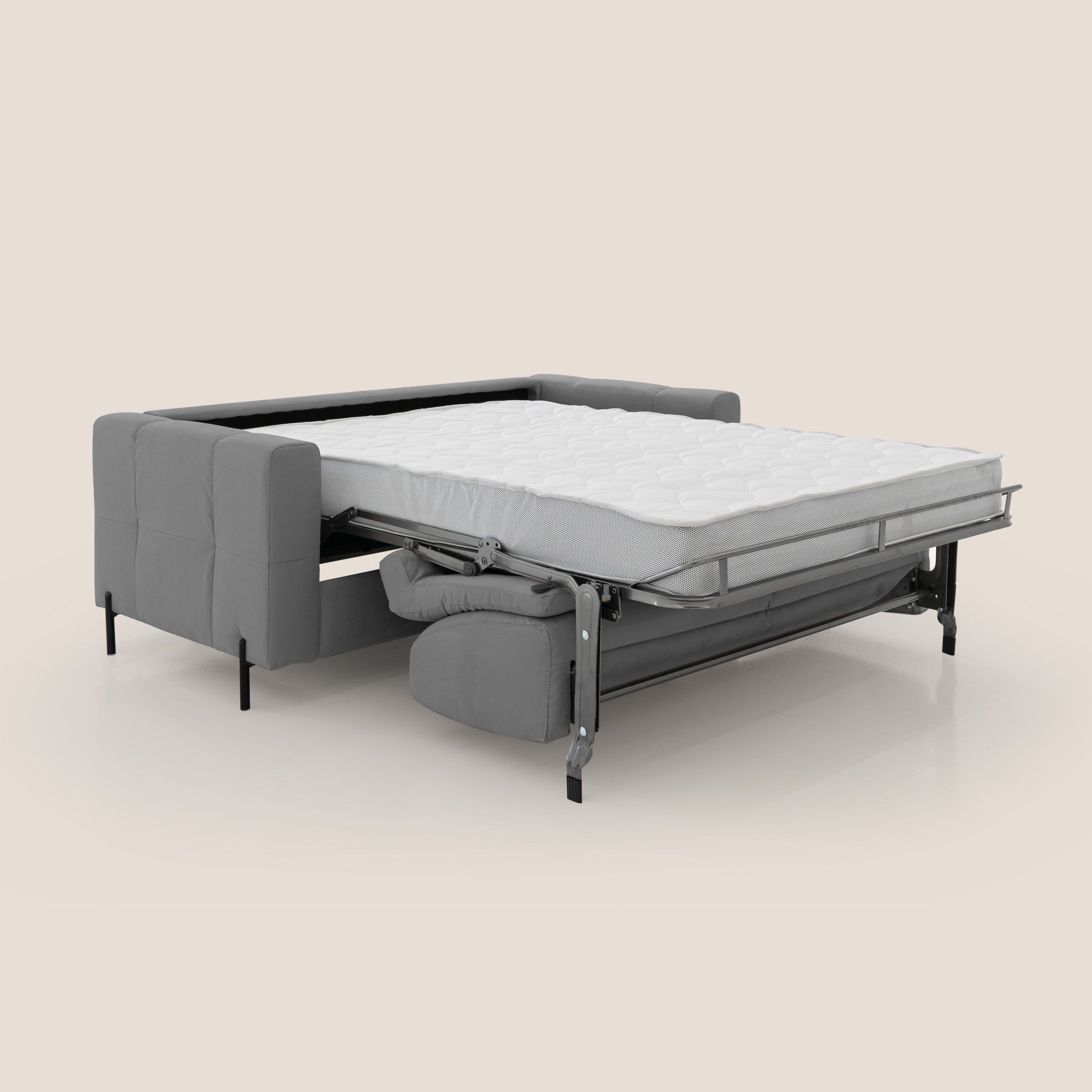 Ortensia divano letto materasso H18 cm con piedi alti in elegante microfibra smacchiabile T11 grigio - divani.store