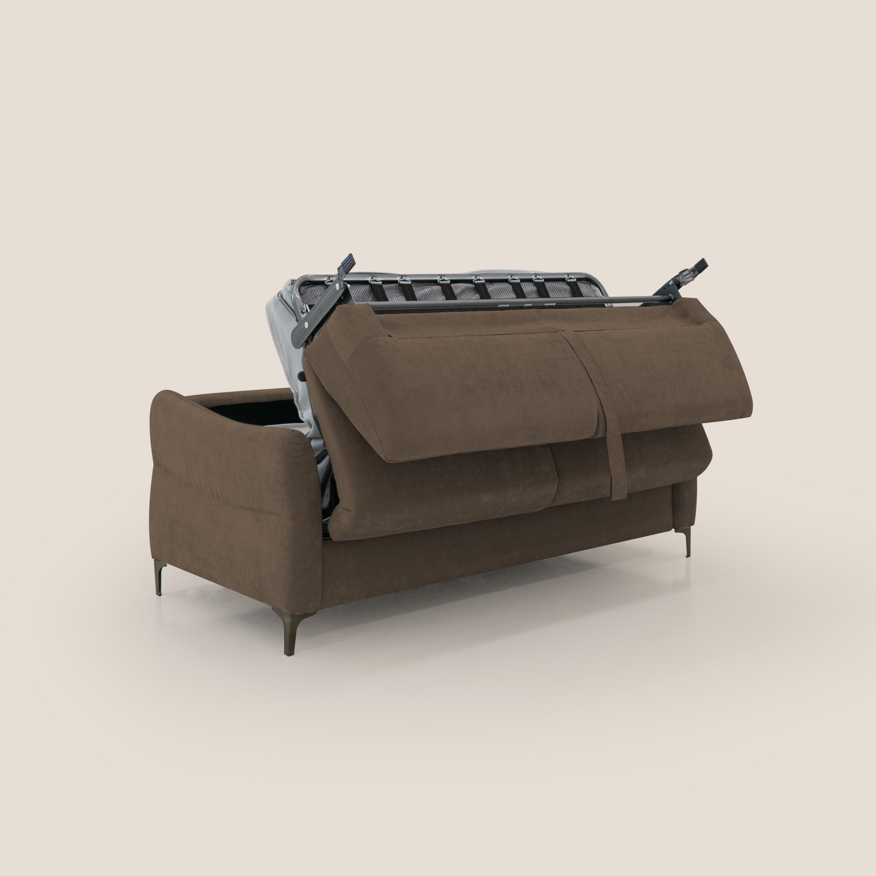 Dalia divano letto con materasso H18 cm e piedi alti in raffinato tessuto smacchiabile T17 marrone - divani.store