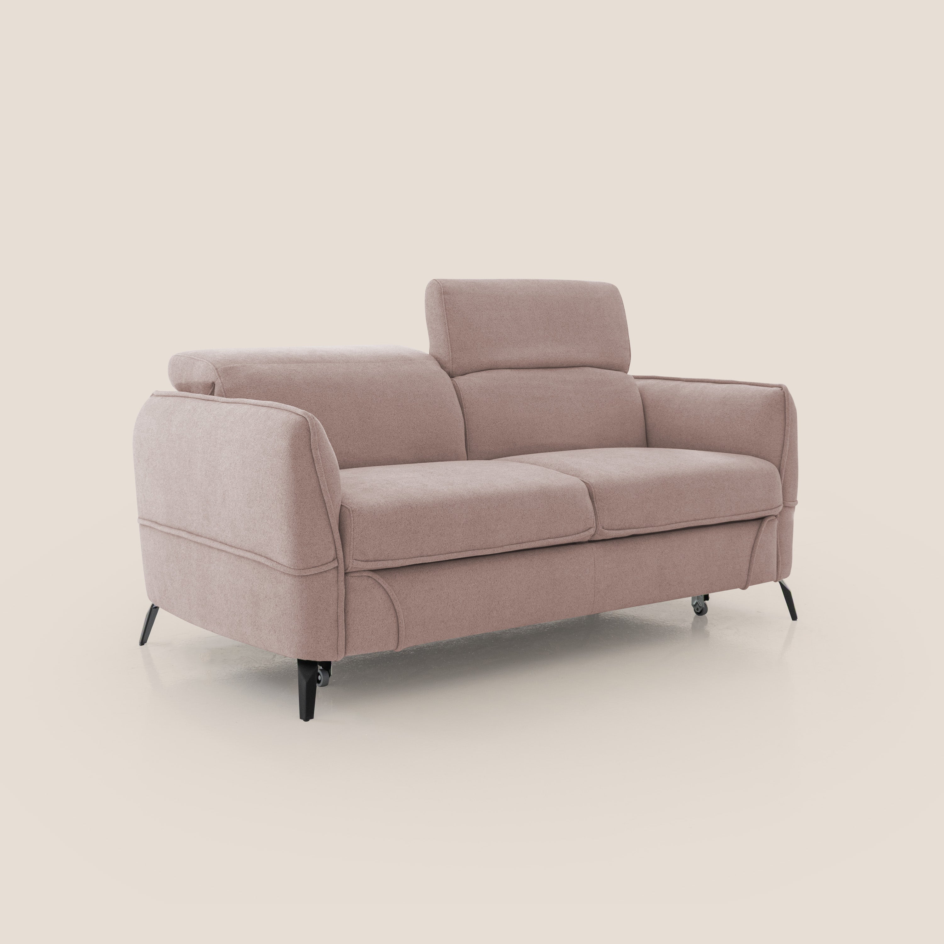 Bloom Divano con poggiapiedi estraibile piedini alti e poggiatesta reclinabili in tessuto bouclé impermeabile T07 rosa - divani.store