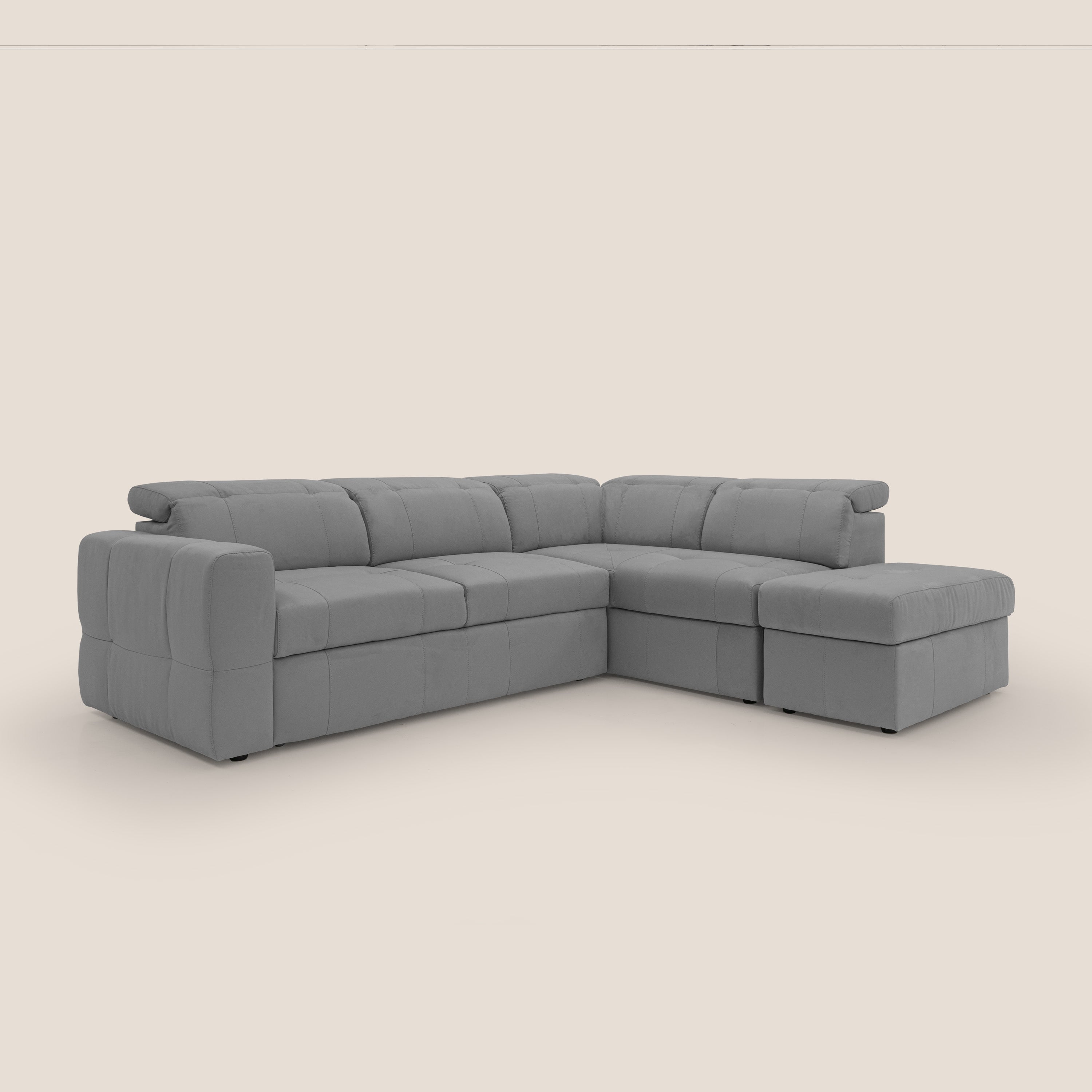 Kronos Divano angolare con poggiapiedi estraibile e pouf contenitore mobile in microfibra impermeabile T11 grigio - divani.store