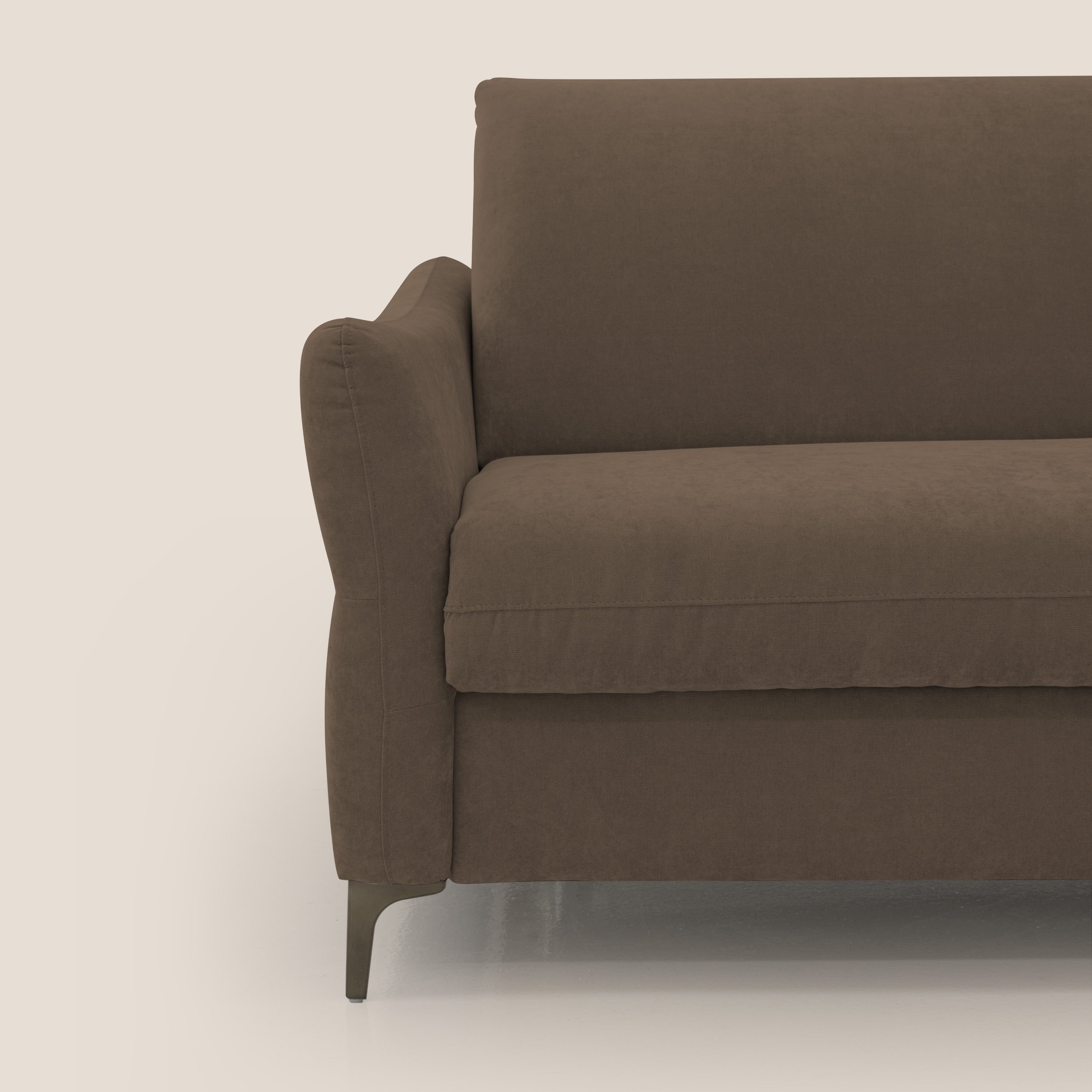 Dalia divano letto con materasso H18 cm e piedi alti in raffinato tessuto smacchiabile T17 marrone - divani.store