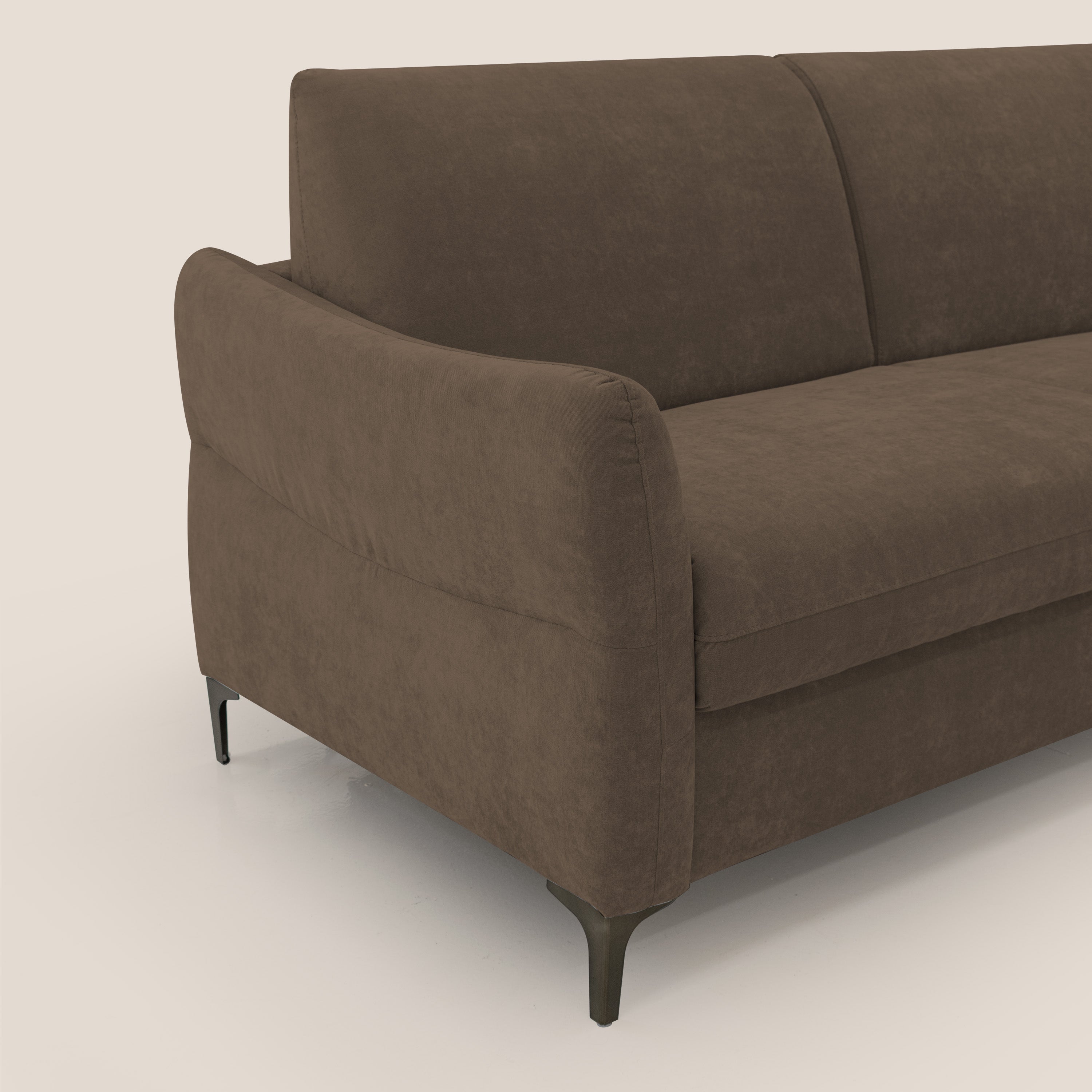 Dalia divano letto con materasso H18 cm e piedi alti in raffinato tessuto smacchiabile T17 marrone - divani.store