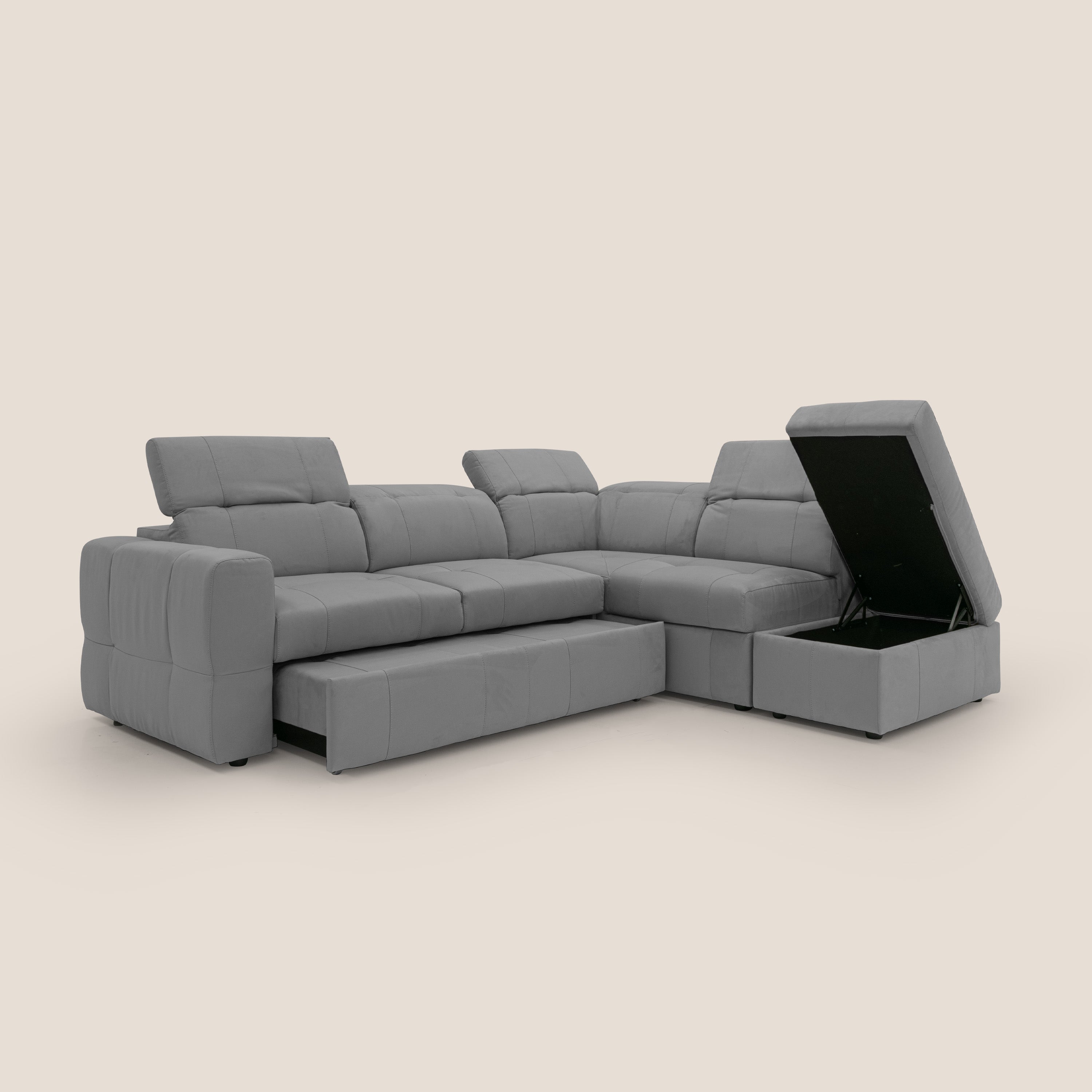 Kronos Divano angolare con poggiapiedi estraibile e pouf contenitore mobile in microfibra impermeabile T11 grigio - divani.store