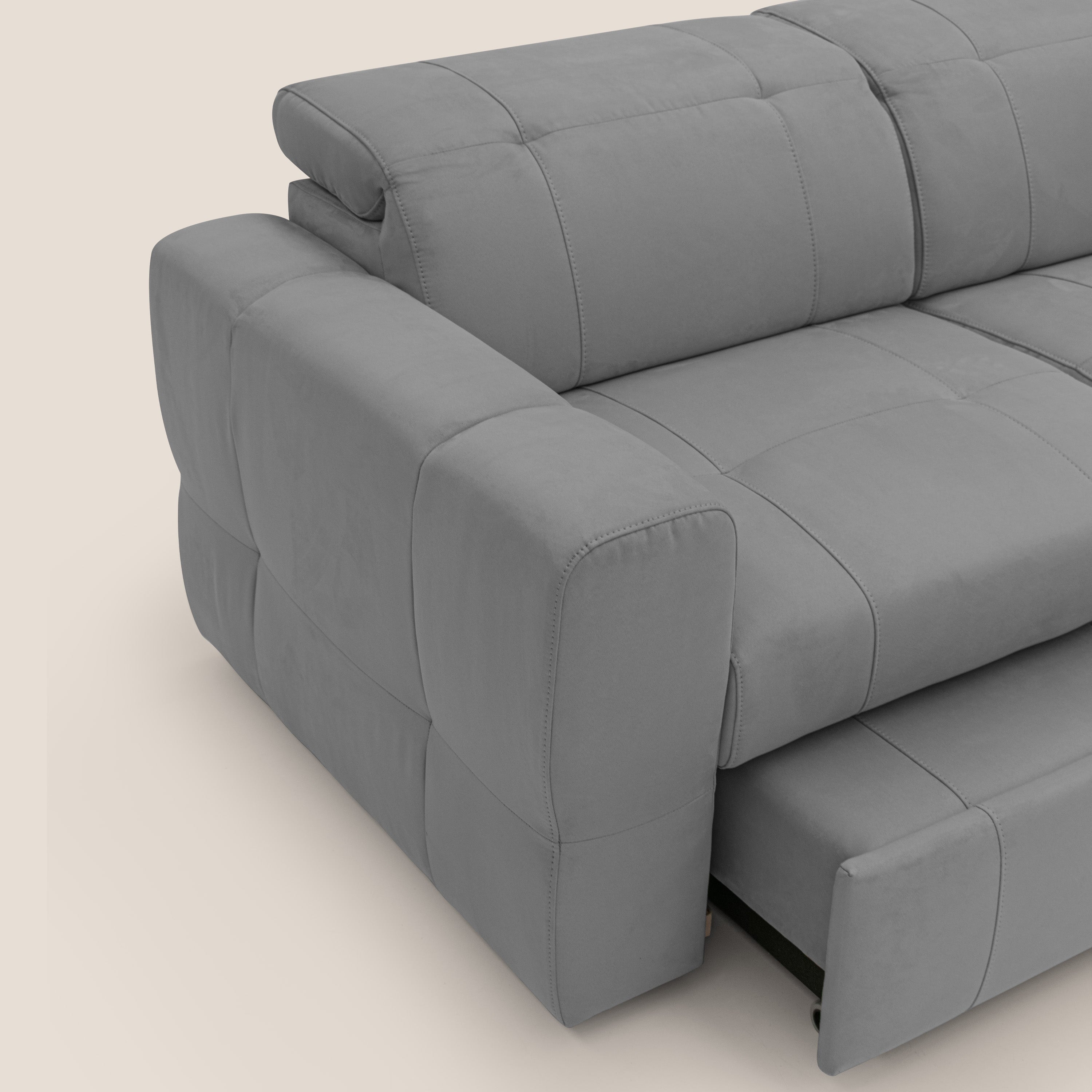 Kronos Divano angolare con poggiapiedi estraibile e pouf contenitore mobile in microfibra impermeabile T11 grigio - divani.store