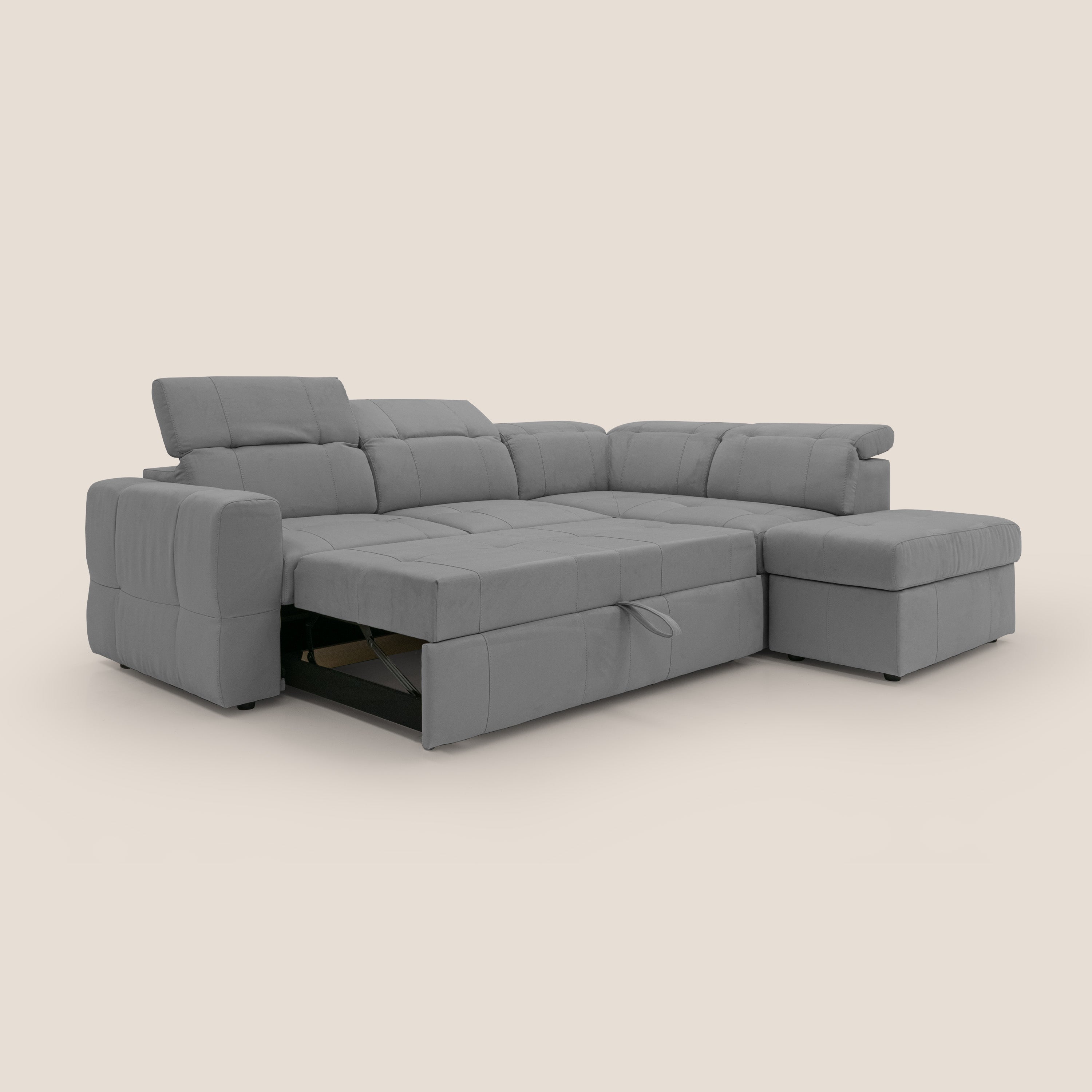 Kronos Divano angolare con poggiapiedi estraibile e pouf contenitore mobile in microfibra impermeabile T11 grigio - divani.store