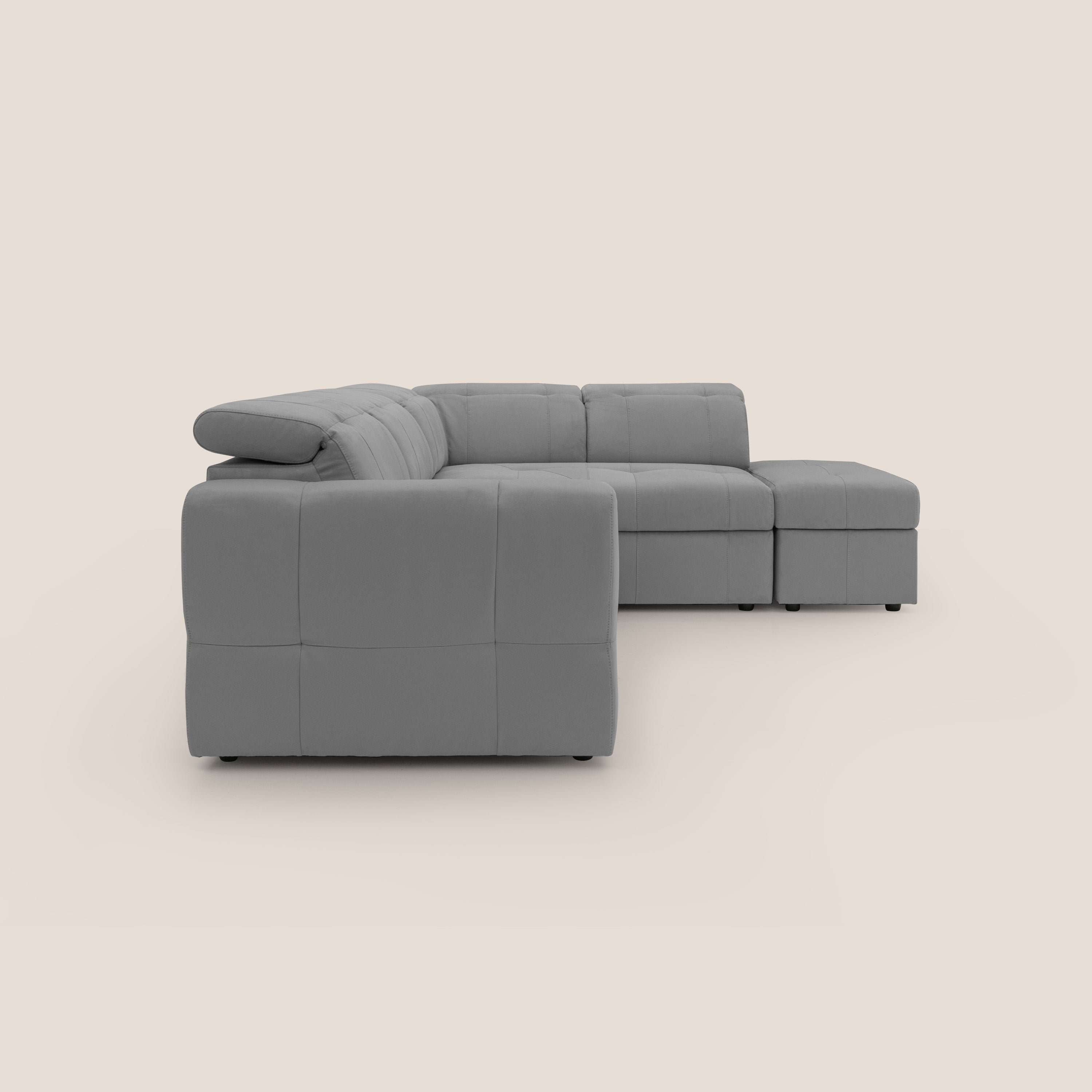 Kronos Divano angolare con poggiapiedi estraibile e pouf contenitore mobile in microfibra impermeabile T11 grigio - divani.store
