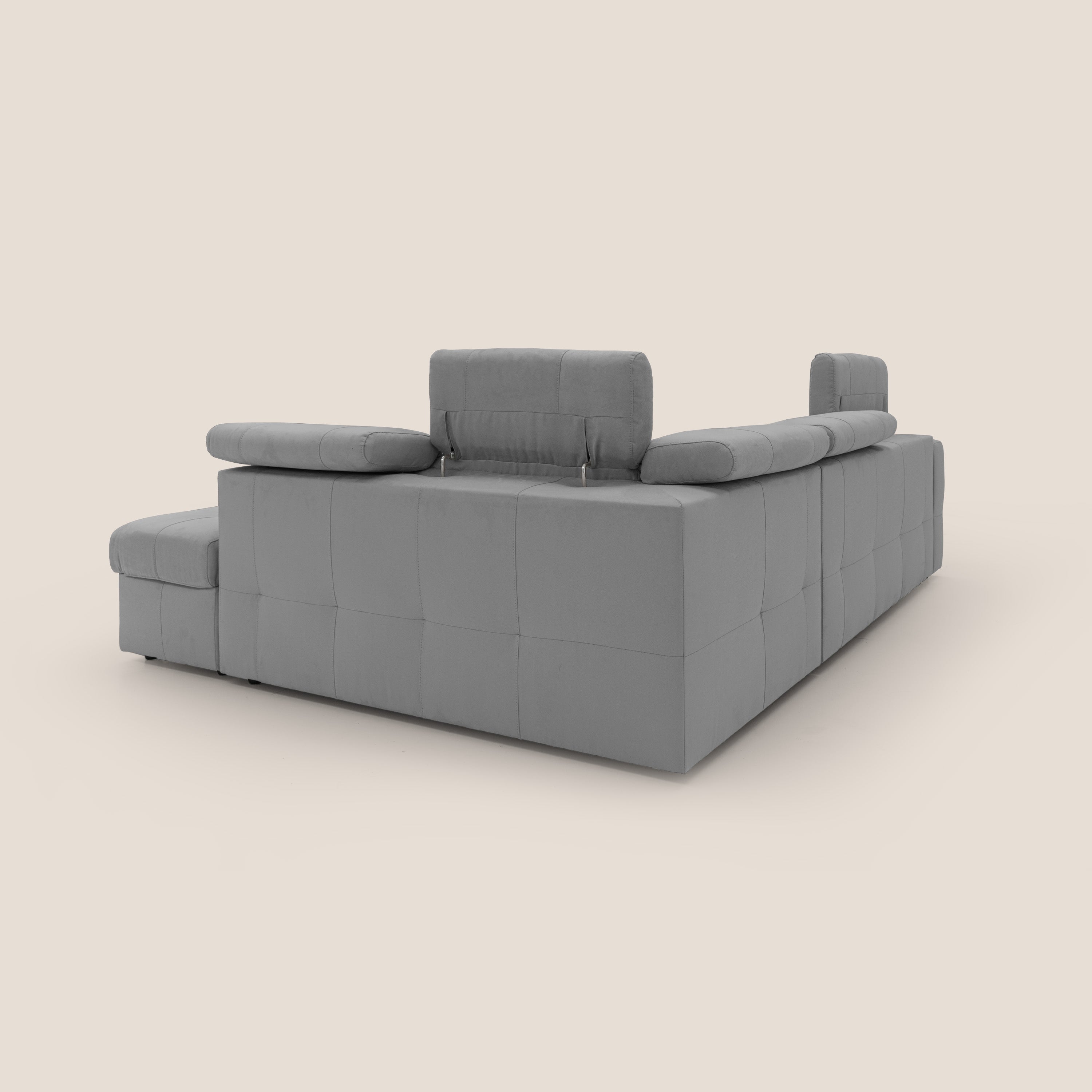 Kronos Divano angolare con poggiapiedi estraibile e pouf contenitore mobile in microfibra impermeabile T11 grigio - divani.store