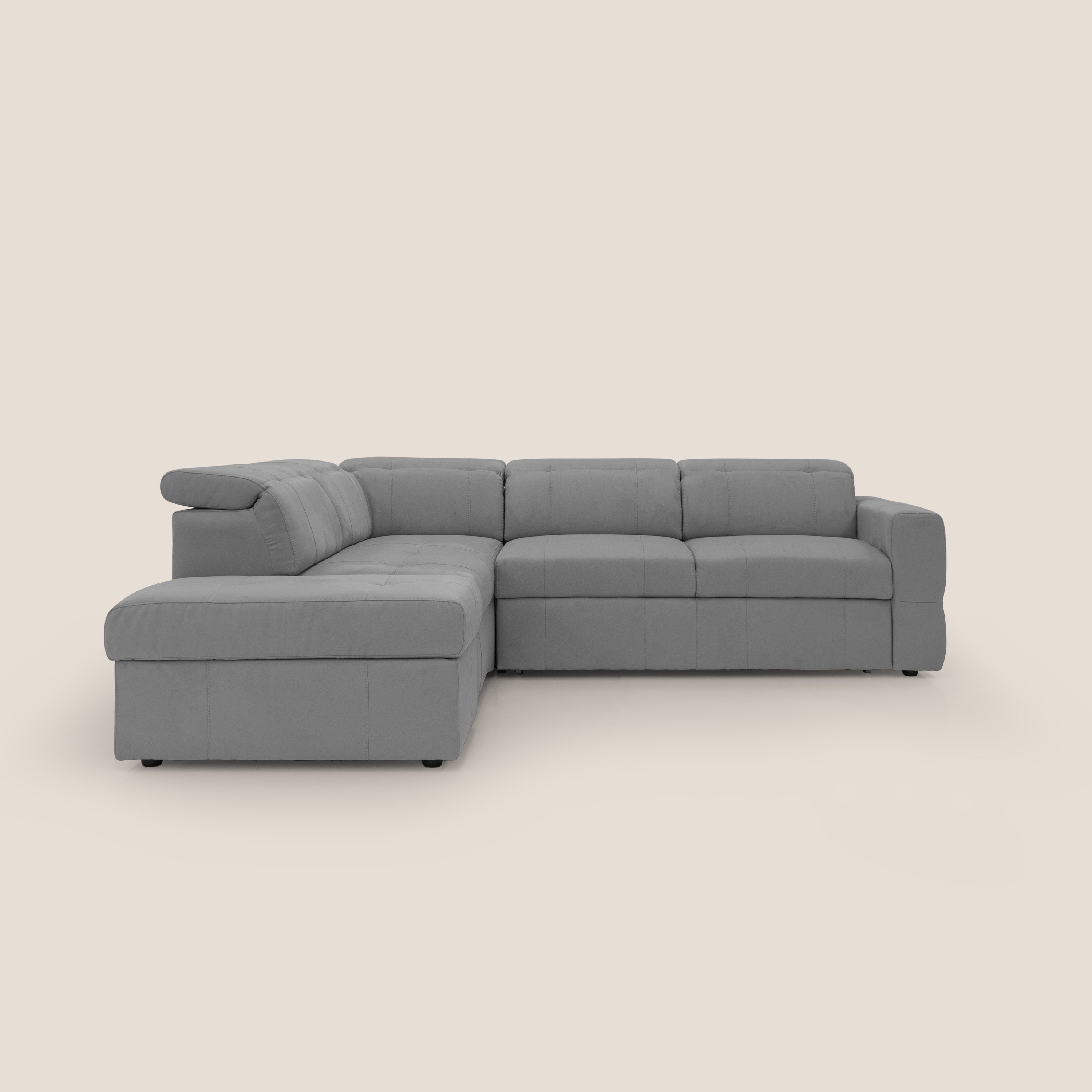 Kronos Divano angolare con poggiapiedi estraibile e pouf contenitore mobile in microfibra impermeabile T11 grigio - divani.store