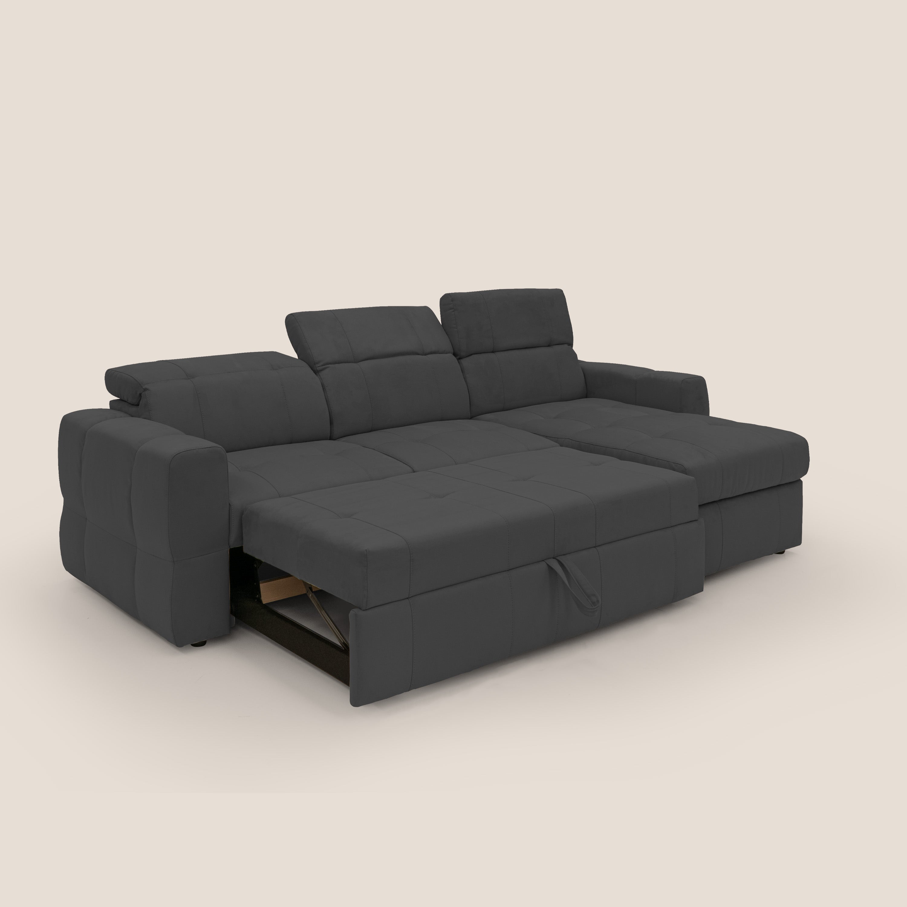 Kronos Divano angolare con pouf estraibile e penisola contenitore in microfibra impermeabile T11 nero - divani.store
