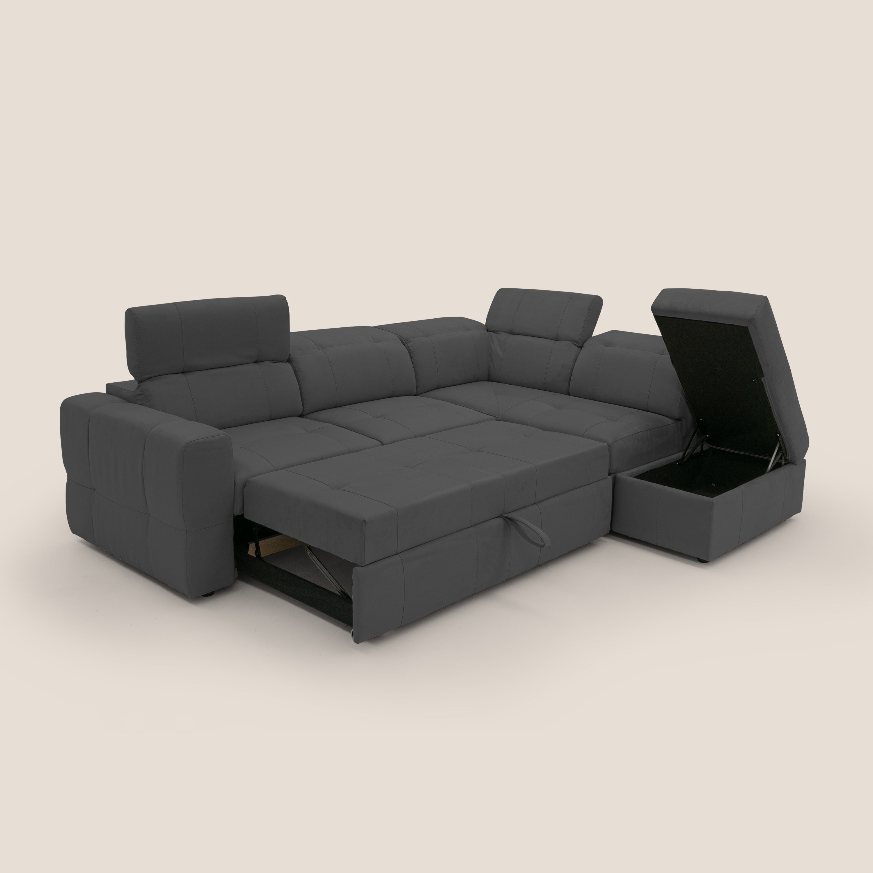 Kronos Divano angolare con poggiapiedi estraibile e pouf contenitore mobile in microfibra impermeabile T11 nero - divani.store
