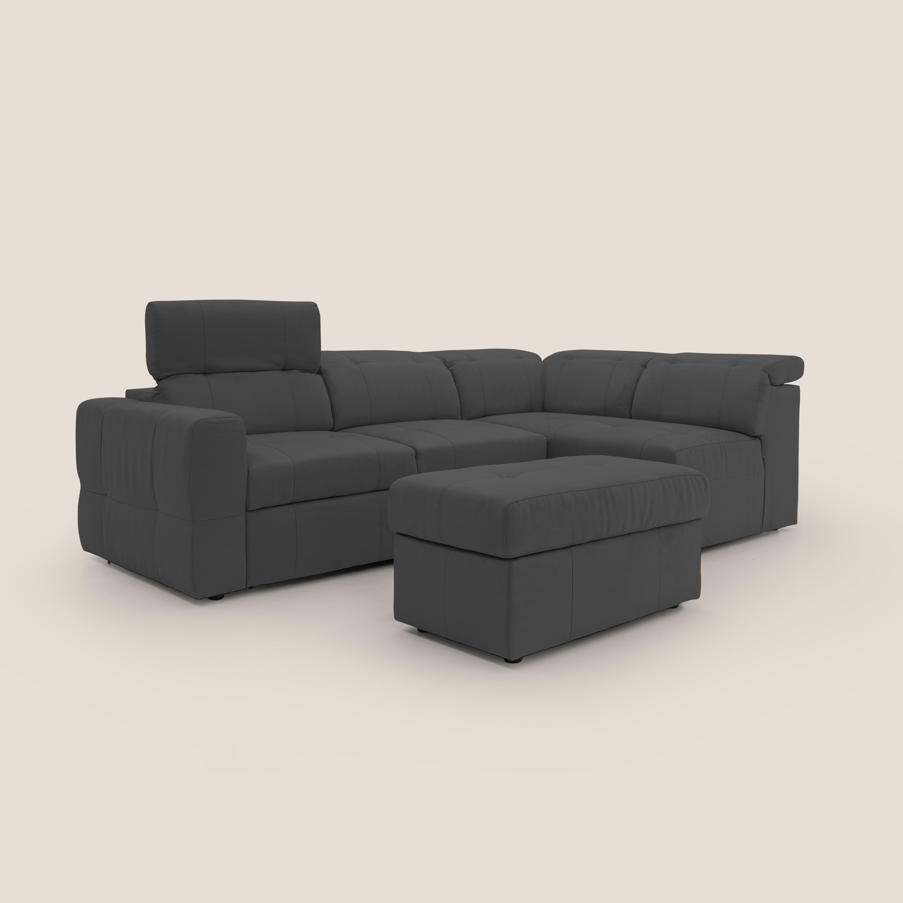 Kronos Divano angolare con poggiapiedi estraibile e pouf contenitore mobile in microfibra impermeabile T11 nero - divani.store