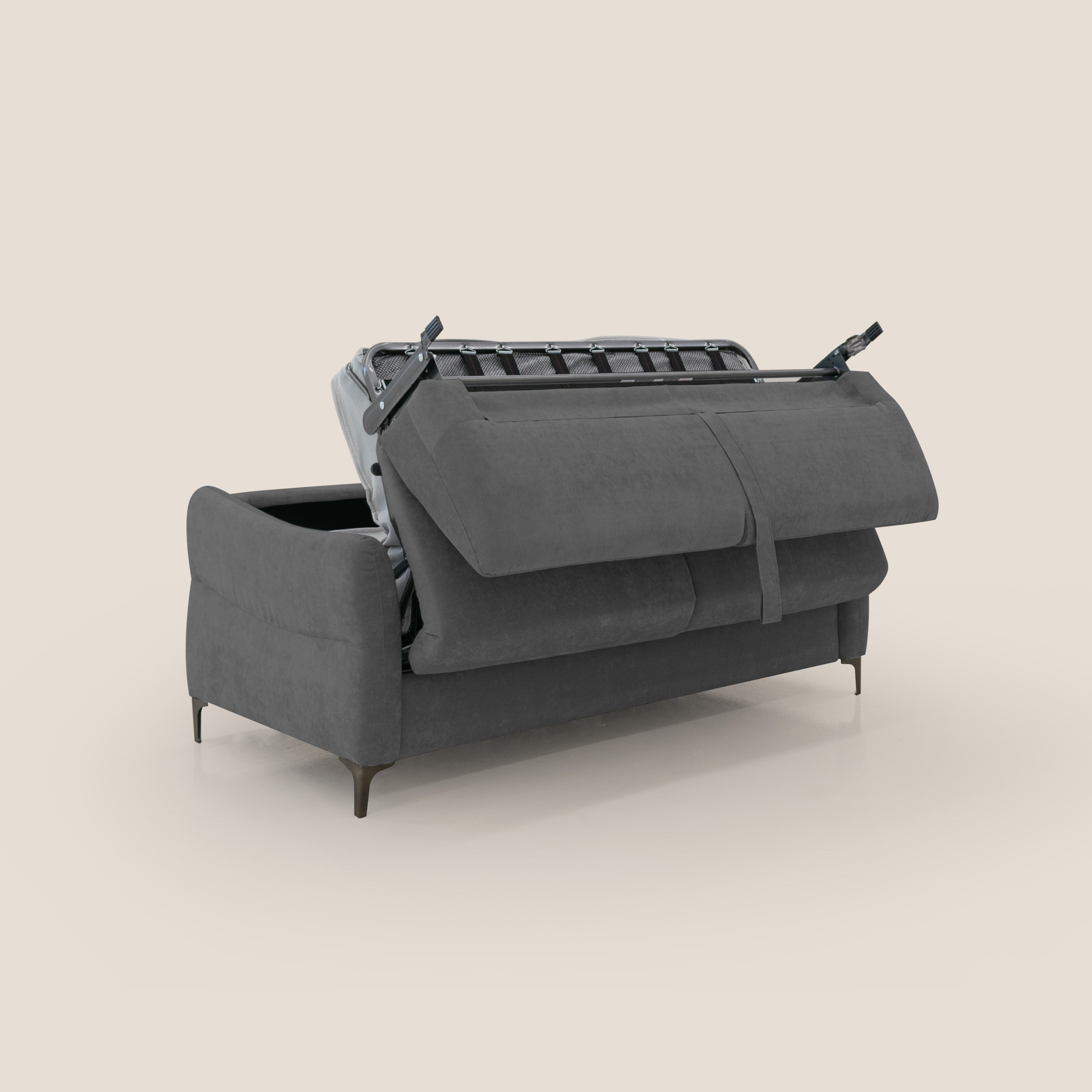 Dalia divano letto con materasso H18 cm e piedi alti in raffinato tessuto smacchiabile T17 antracite - divani.store