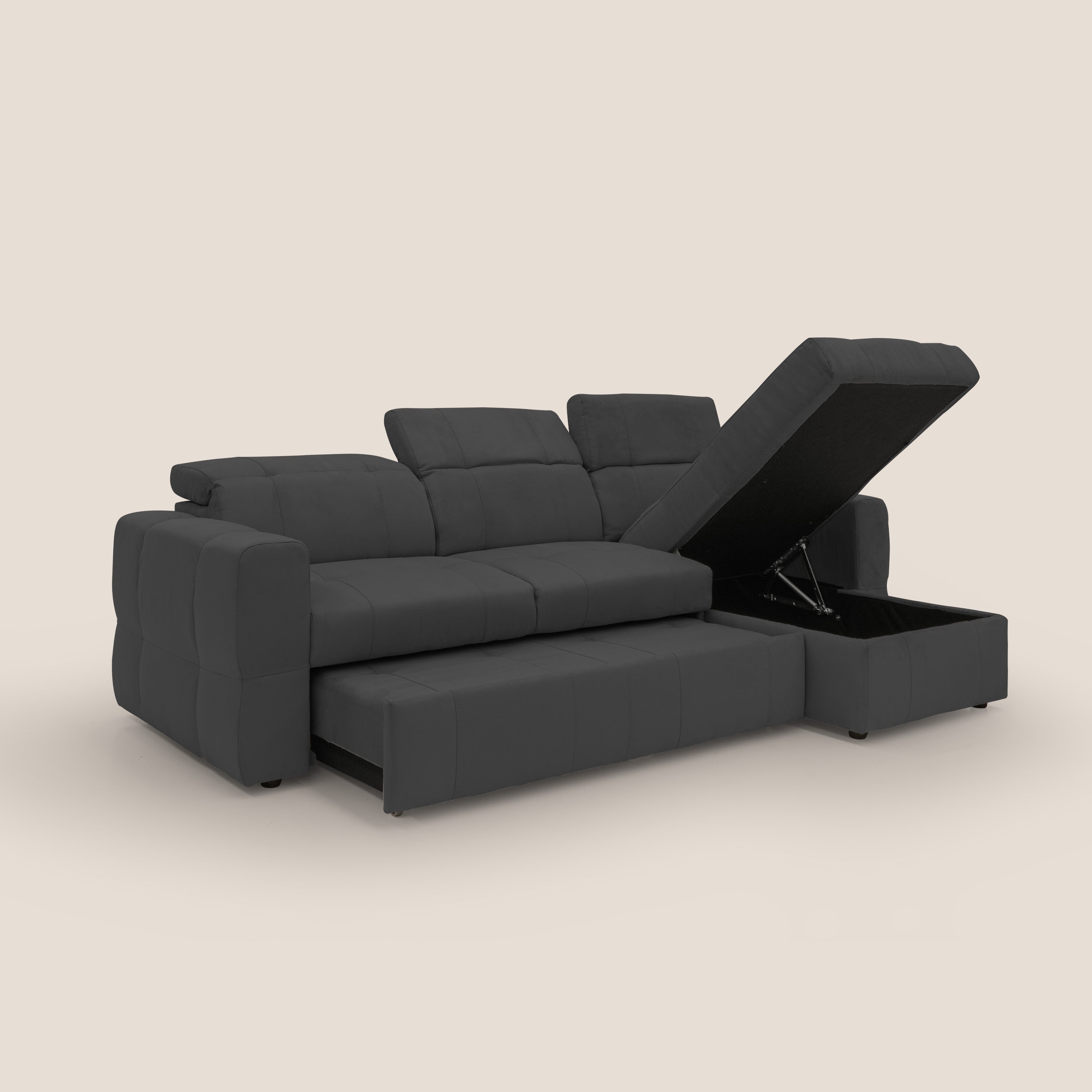 Kronos Divano angolare con pouf estraibile e penisola contenitore in microfibra impermeabile T11 nero - divani.store