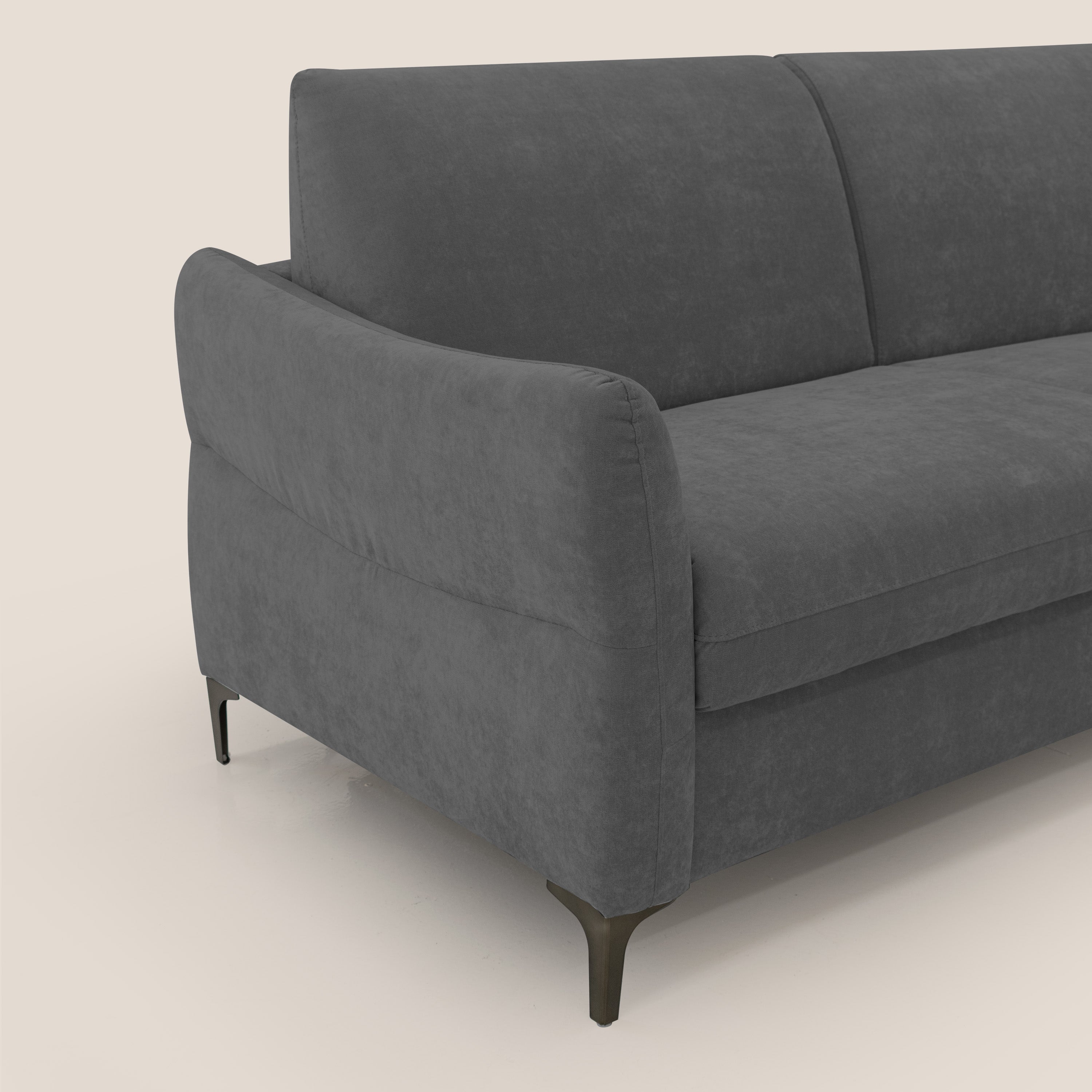 Dalia divano letto con materasso H18 cm e piedi alti in raffinato tessuto smacchiabile T17 antracite - divani.store