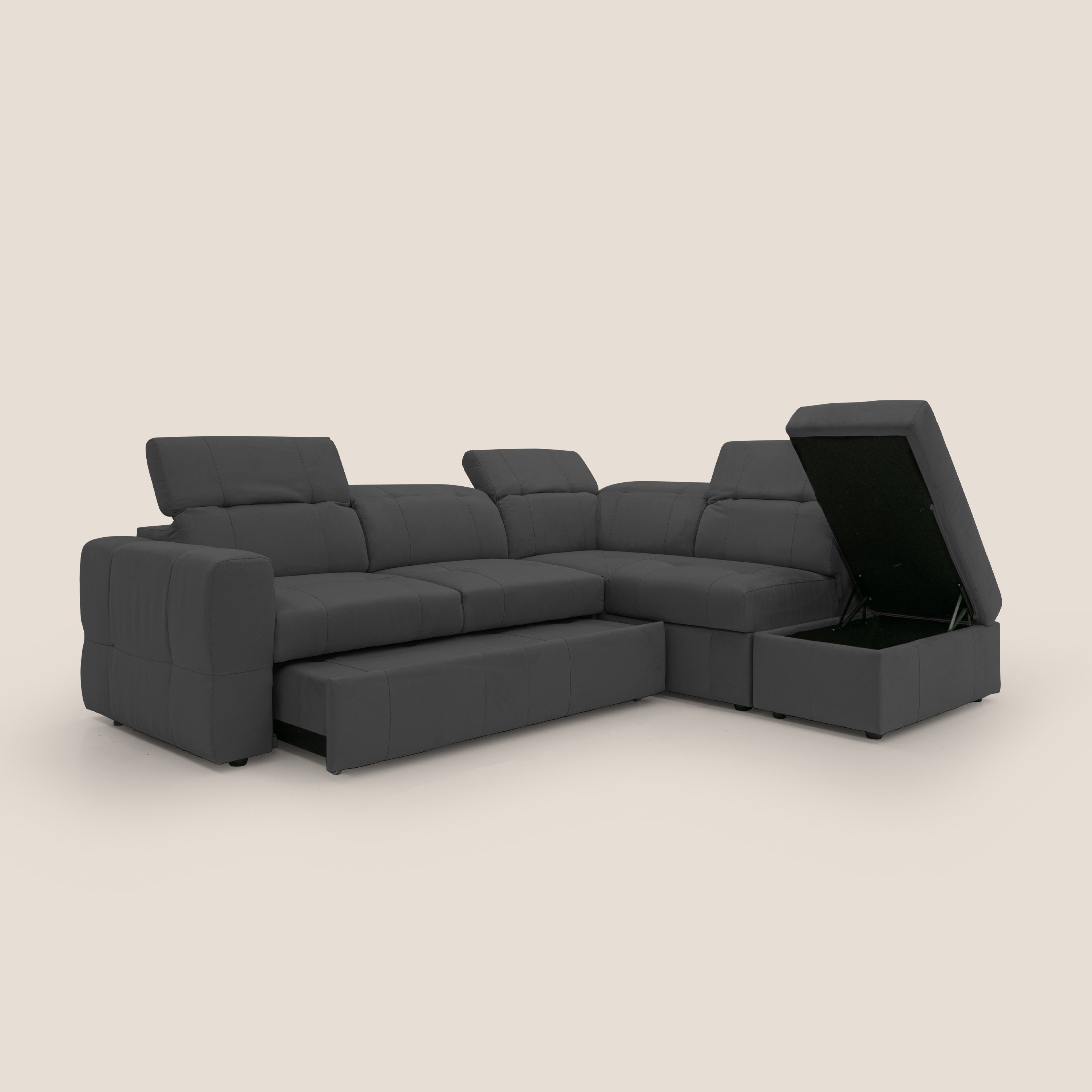 Kronos Divano angolare con poggiapiedi estraibile e pouf contenitore mobile in microfibra impermeabile T11 nero - divani.store