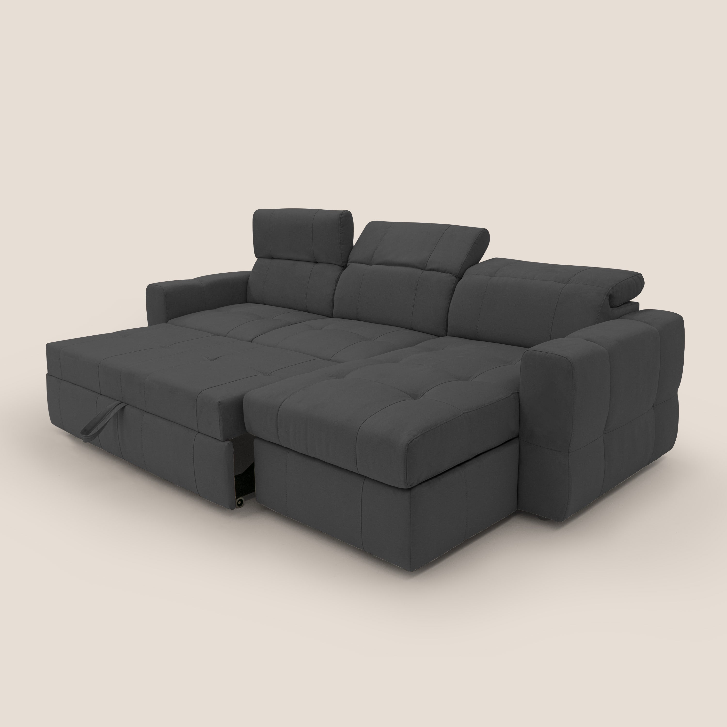 Kronos Divano angolare con pouf estraibile e penisola contenitore in microfibra impermeabile T11 nero - divani.store