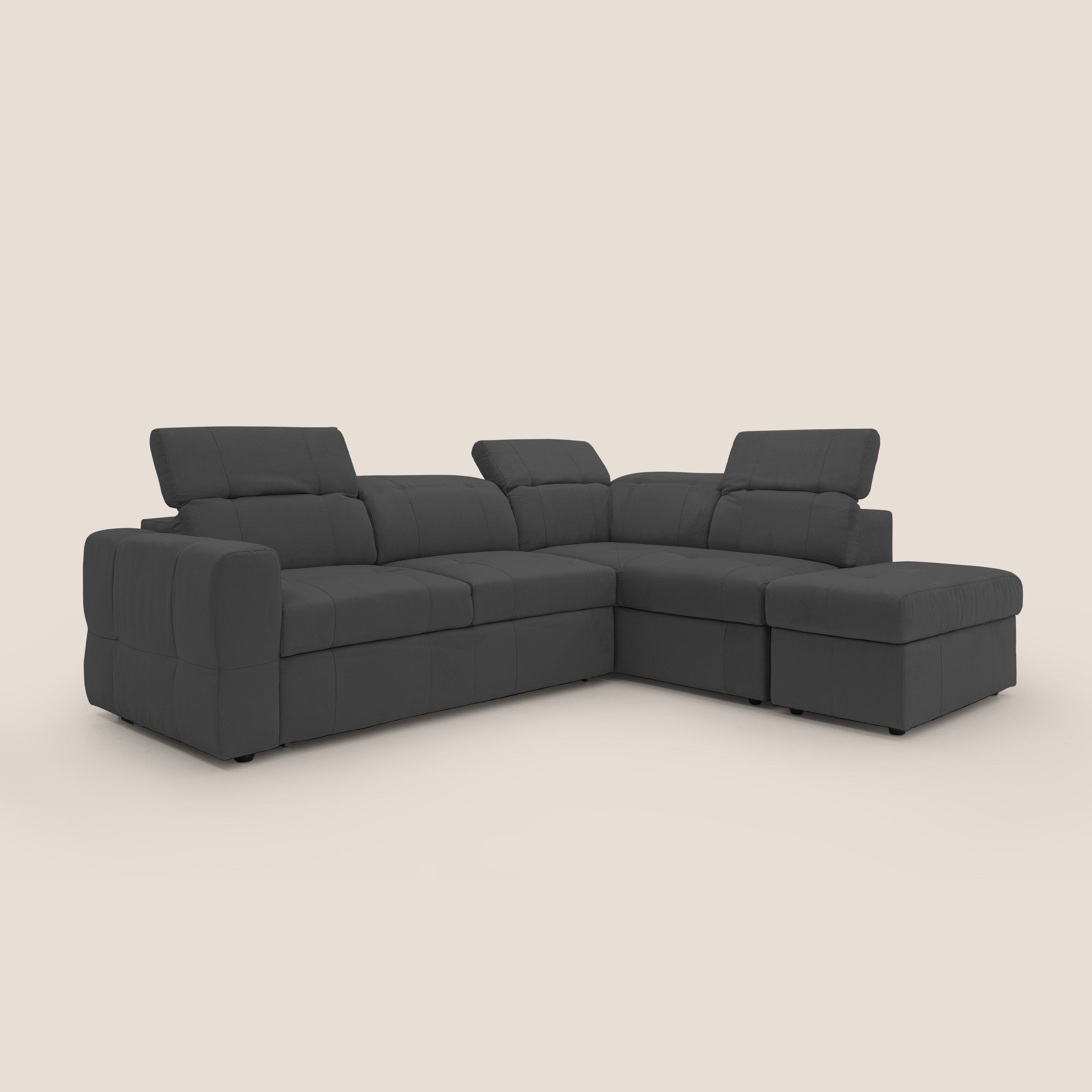 Kronos Divano angolare con poggiapiedi estraibile e pouf contenitore mobile in microfibra impermeabile T11 nero - divani.store