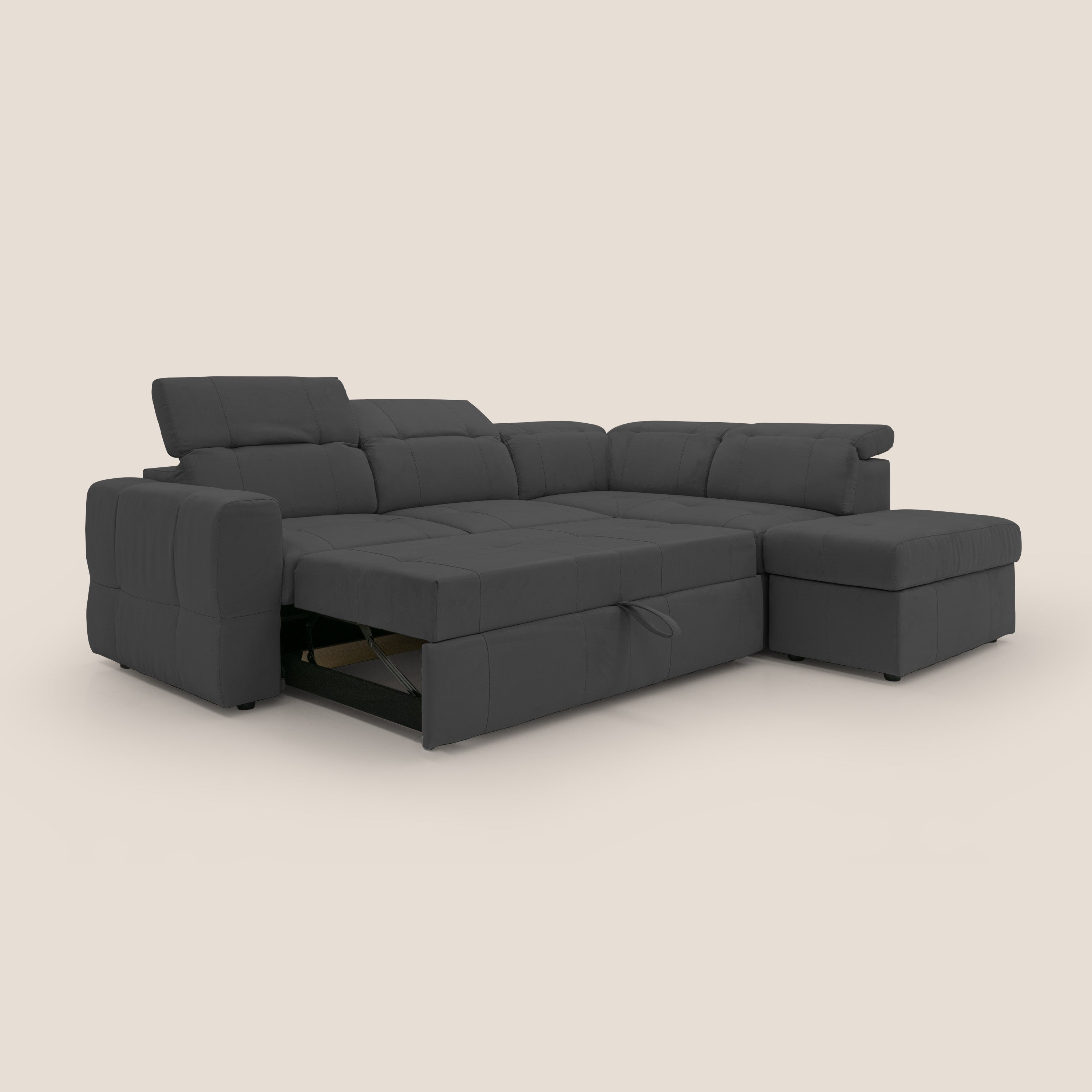 Kronos Divano angolare con poggiapiedi estraibile e pouf contenitore mobile in microfibra impermeabile T11 nero - divani.store