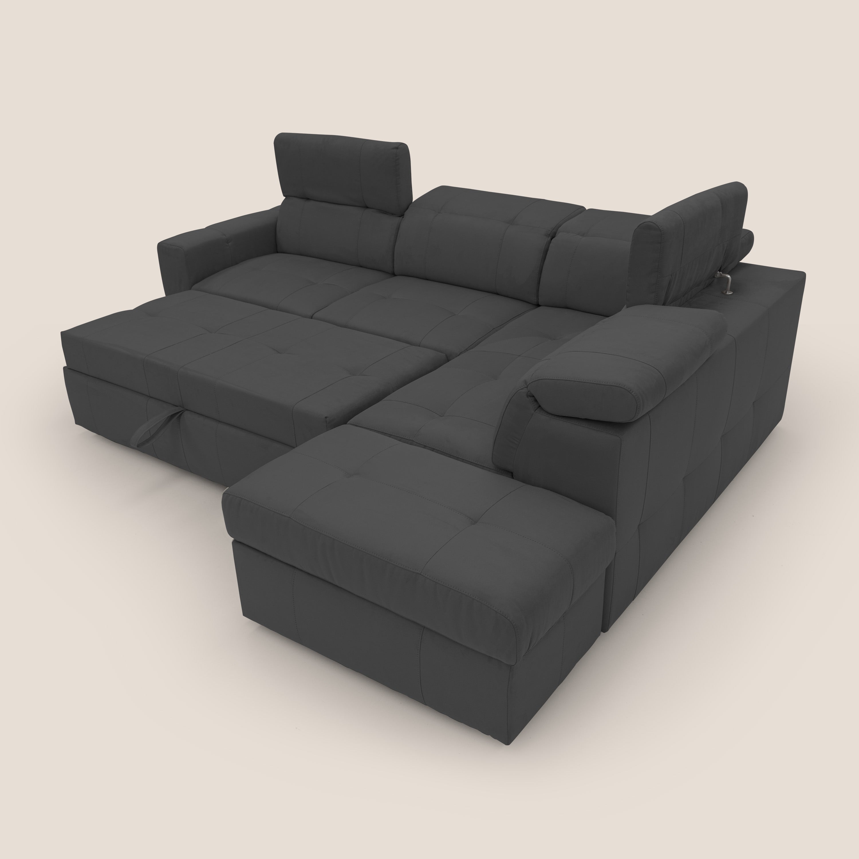 Kronos Divano angolare con poggiapiedi estraibile e pouf contenitore mobile in microfibra impermeabile T11 nero - divani.store