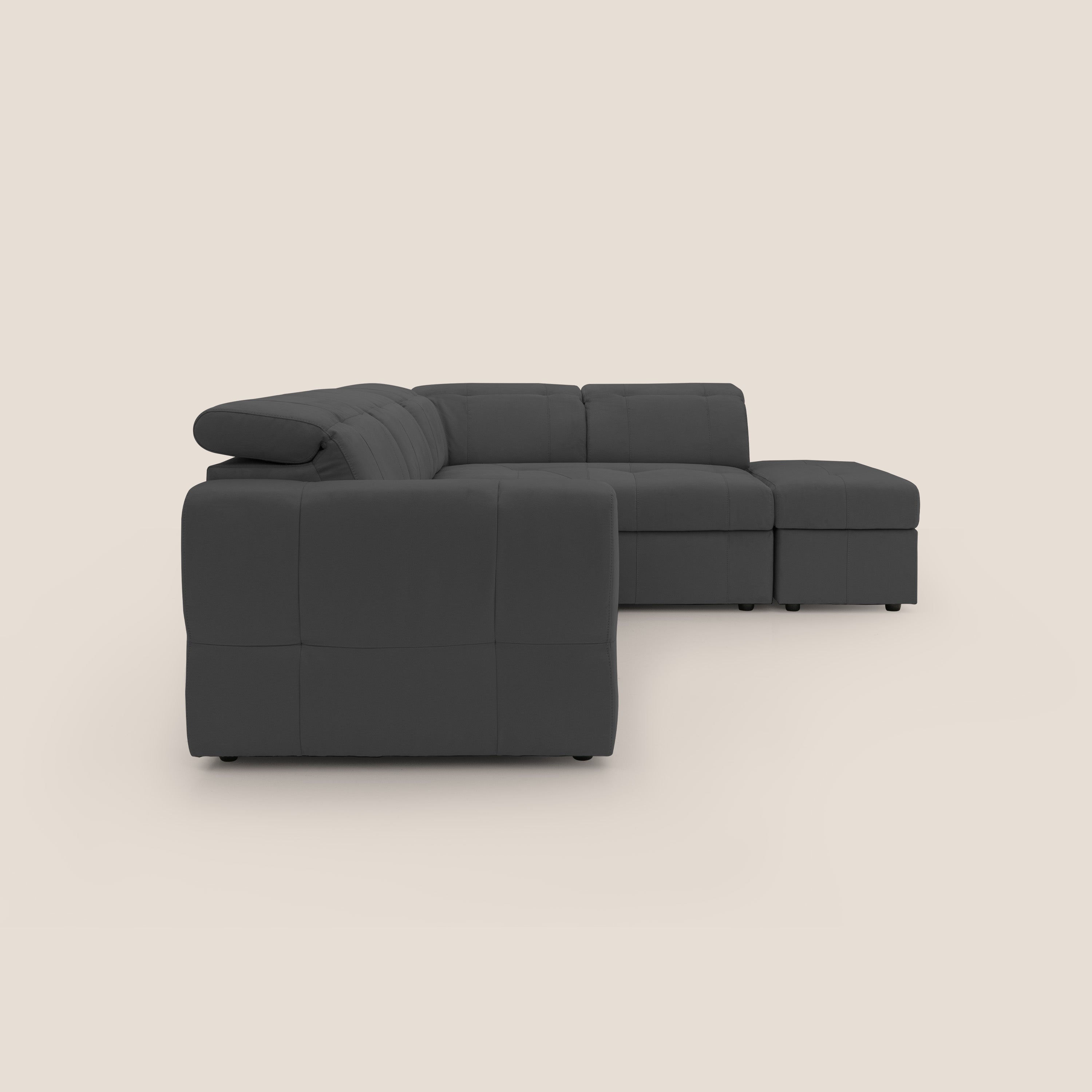 Kronos Divano angolare con poggiapiedi estraibile e pouf contenitore mobile in microfibra impermeabile T11 nero - divani.store