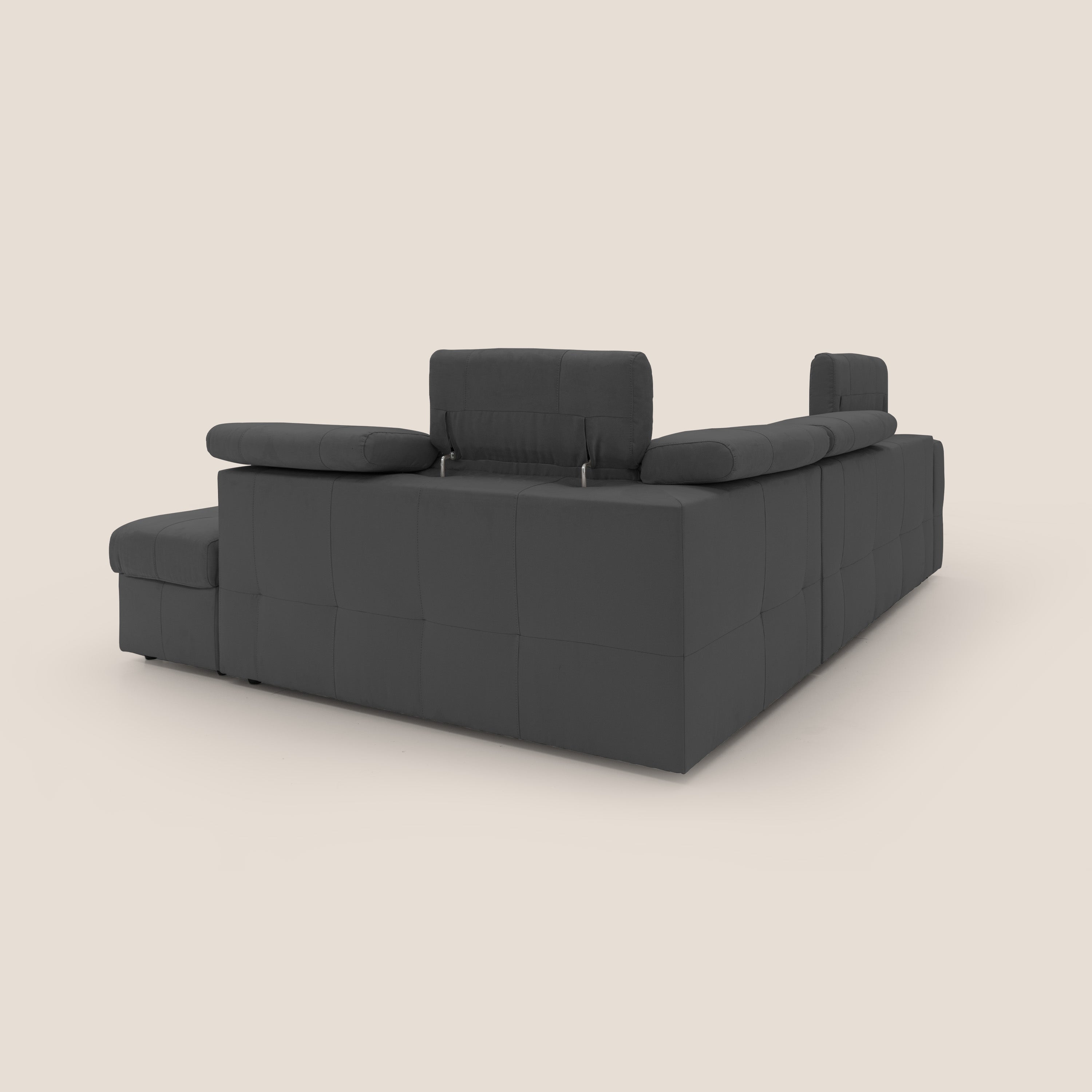 Kronos Divano angolare con poggiapiedi estraibile e pouf contenitore mobile in microfibra impermeabile T11 nero - divani.store