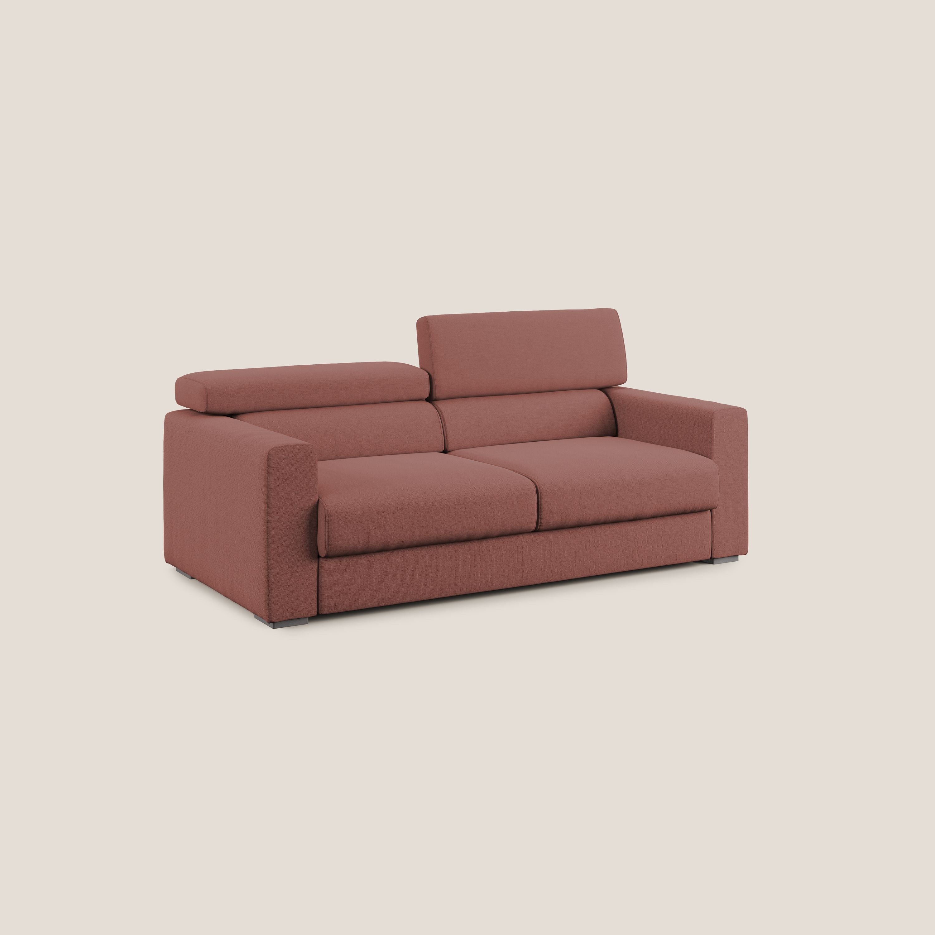 Dylan divano allungabile con pouf estraibile poggiapiedi in tessuto fiammato simil cotone impermeabile T19 salmone - divani.store