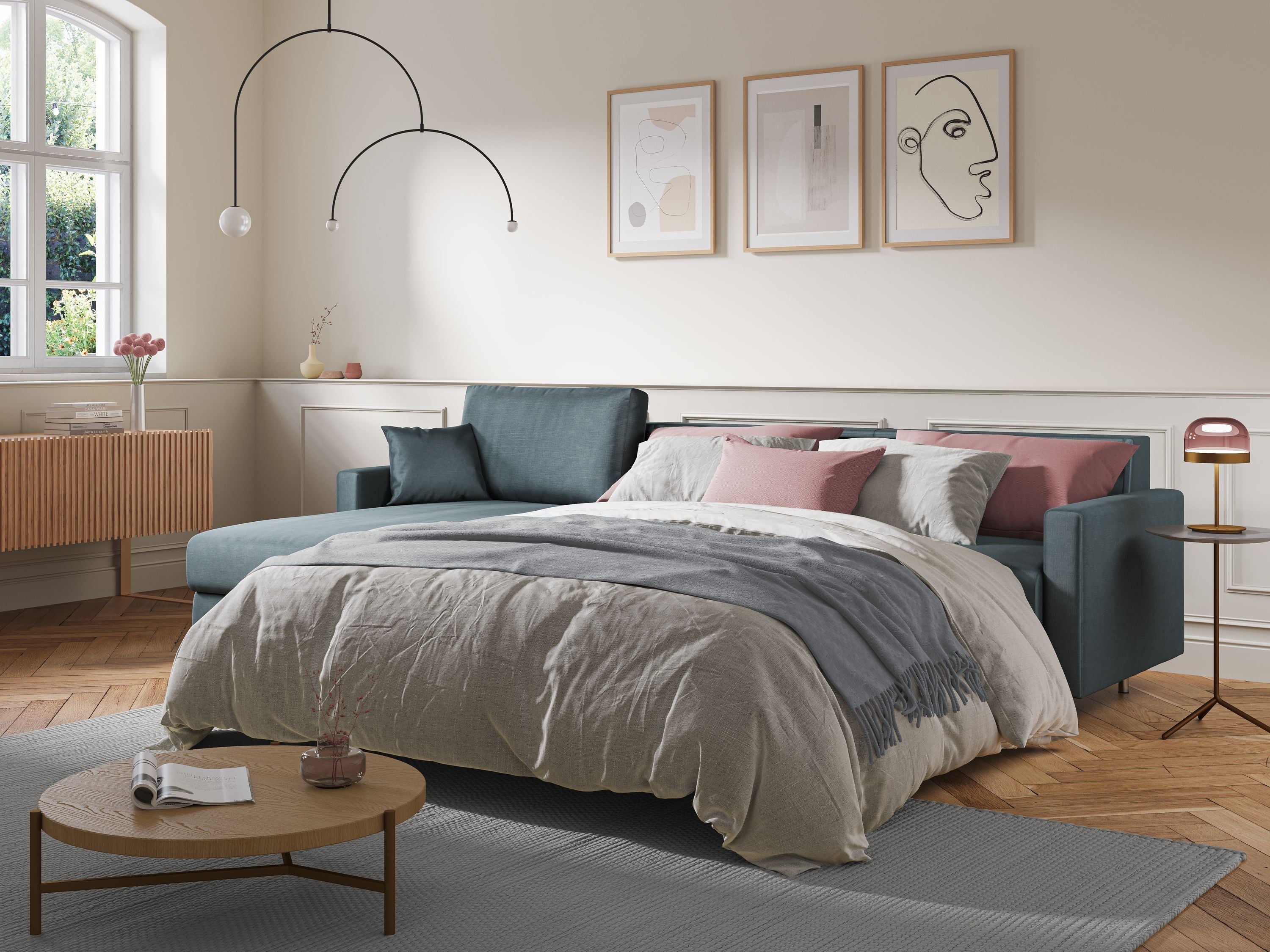 Andromeda divano letto angolare in velluto morbido impermeabile T01 petrolio - divani.store