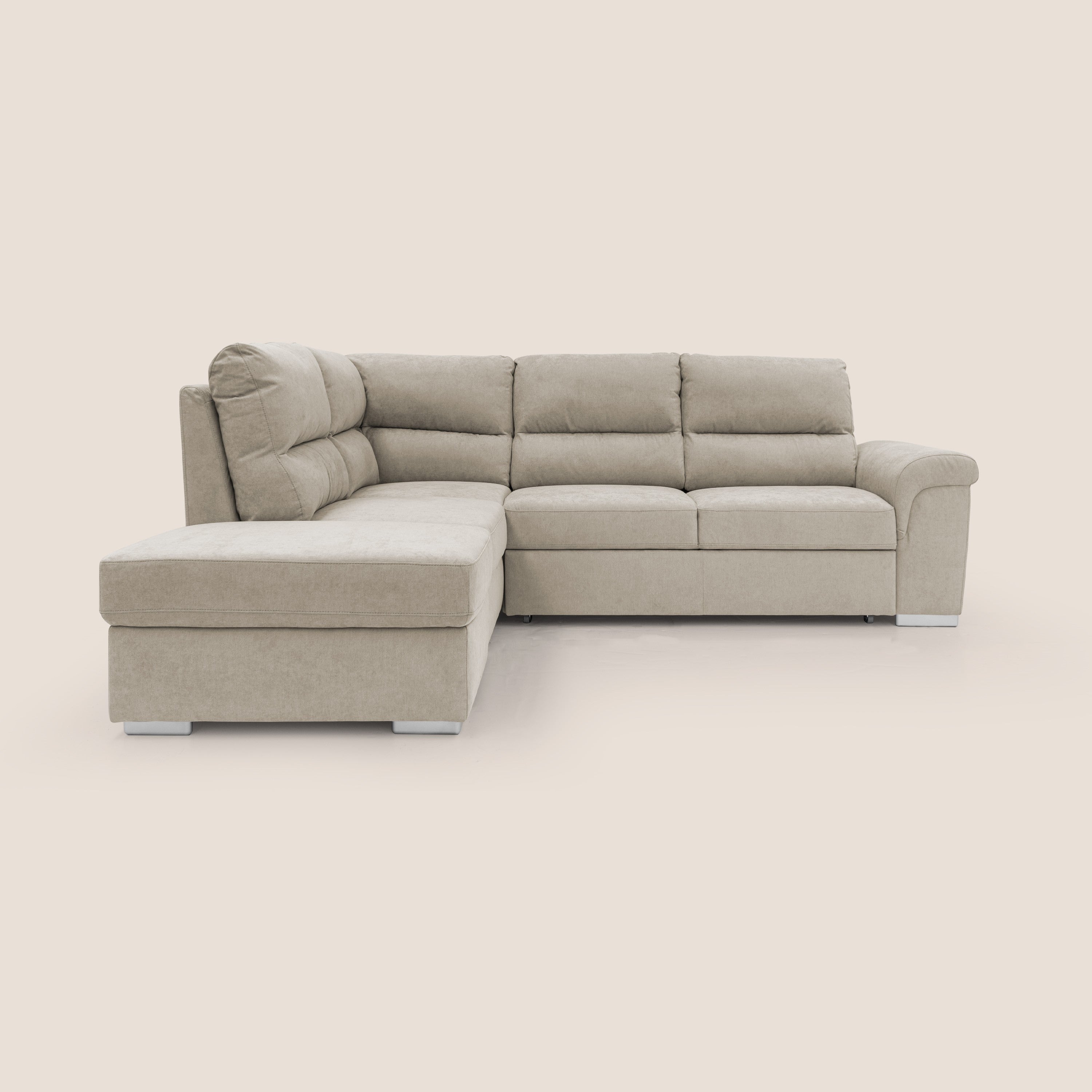 Minerva divano angolare con estraibile a cassettone e pouf contenitore in tessuto morbido impermeabile T02 panna - divani.store