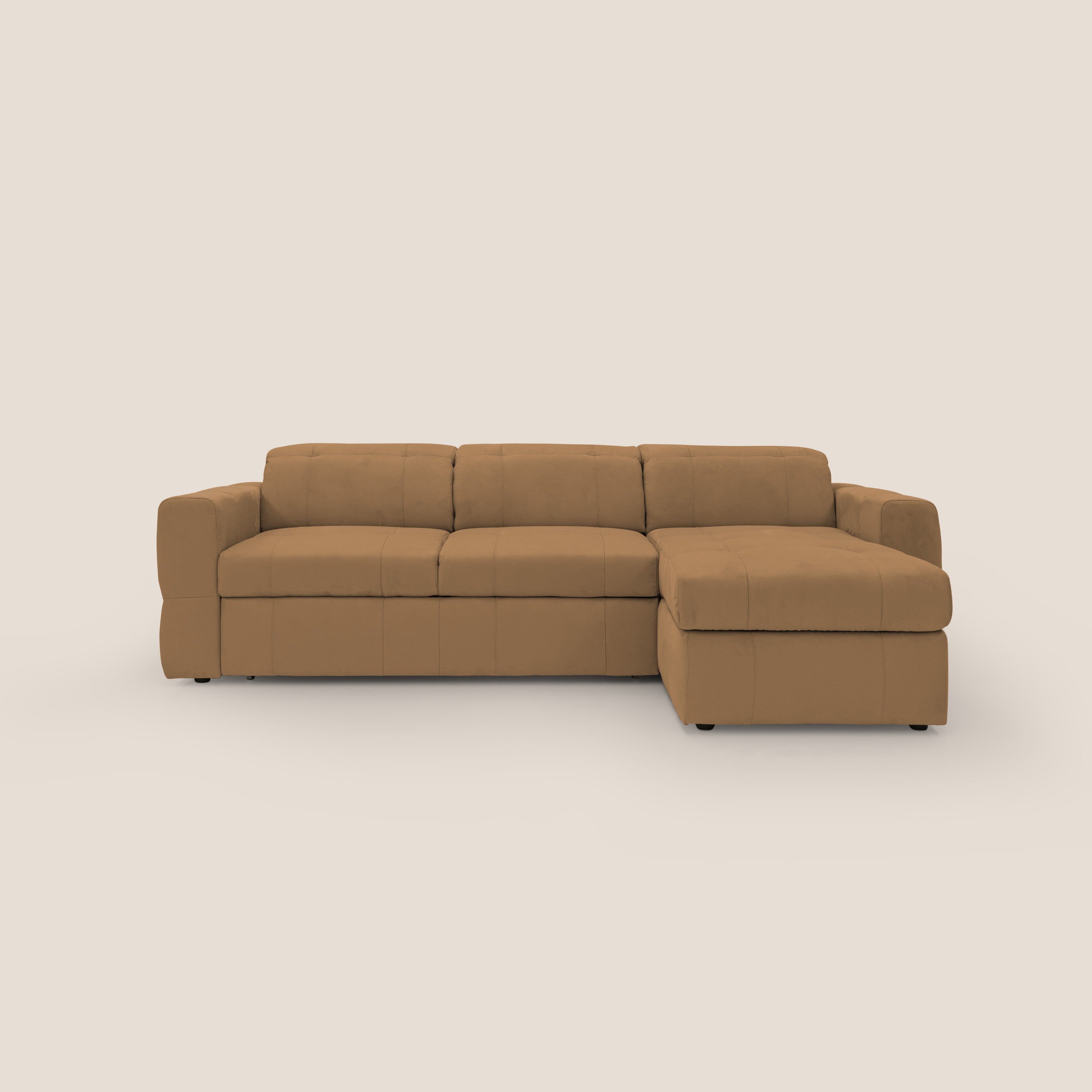 Kronos Divano angolare con pouf estraibile e penisola contenitore in microfibra impermeabile T11 cuoio - divani.store