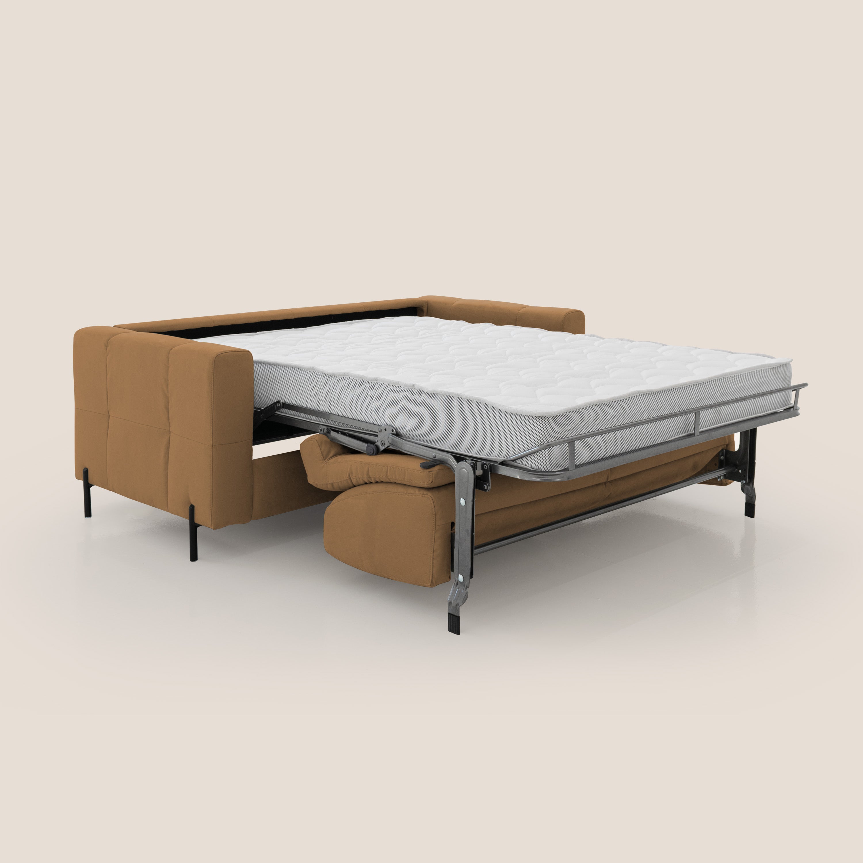 Ortensia divano letto materasso H18 cm con piedi alti in elegante microfibra smacchiabile T11 cuoio - divani.store