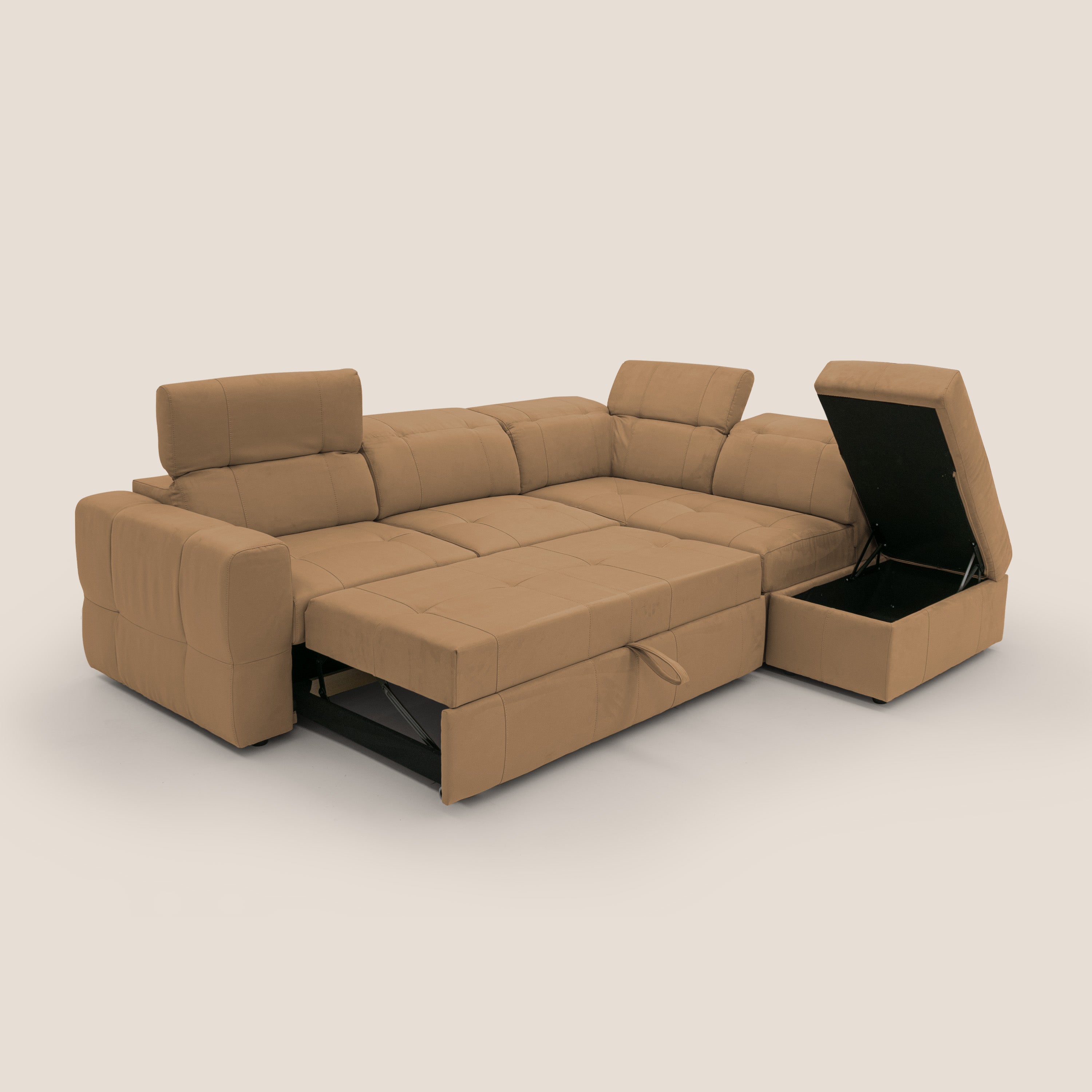 Kronos Divano angolare con poggiapiedi estraibile e pouf contenitore mobile in microfibra impermeabile T11 cuoio - divani.store