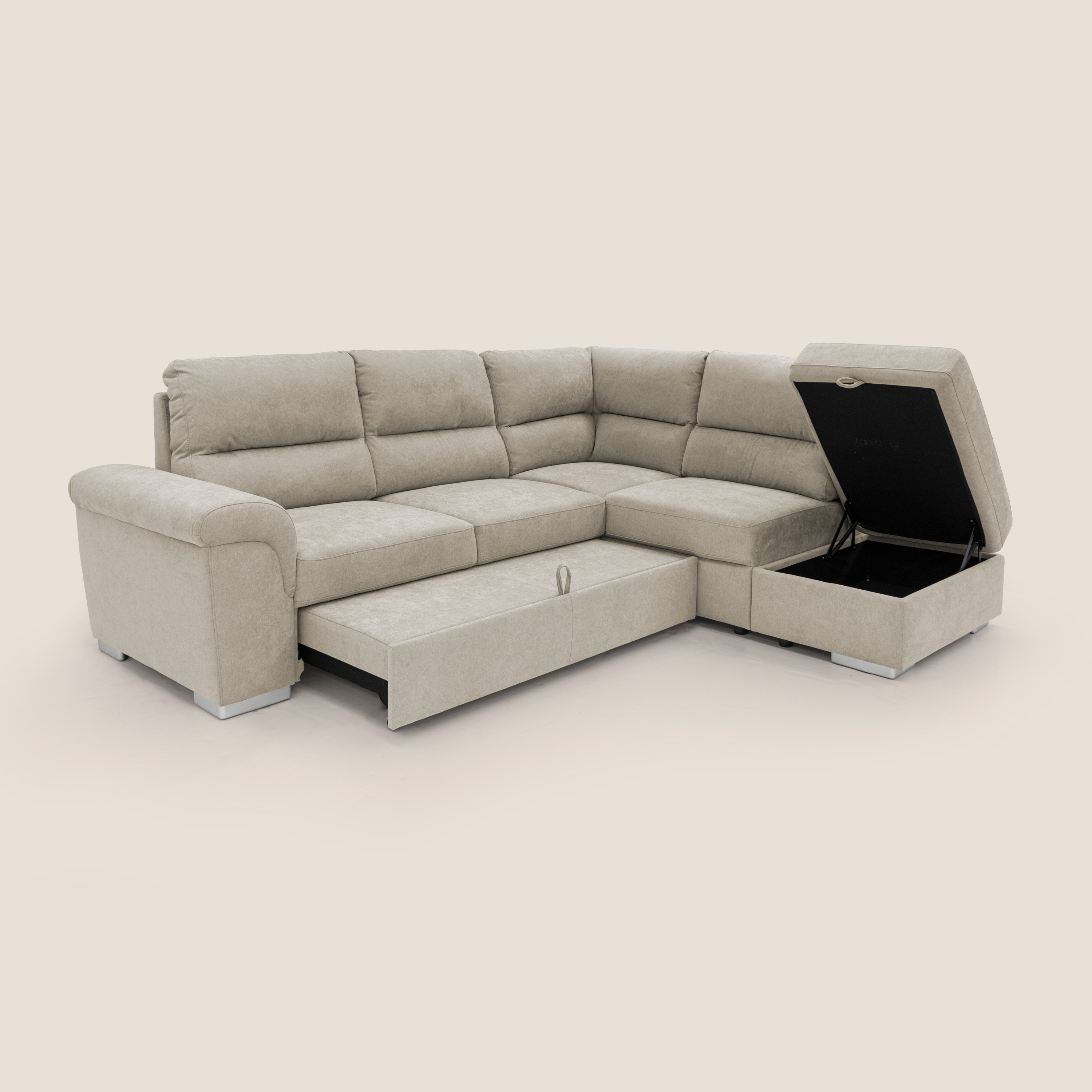 Minerva divano angolare con estraibile a cassettone e pouf contenitore in tessuto morbido impermeabile T02 panna - divani.store