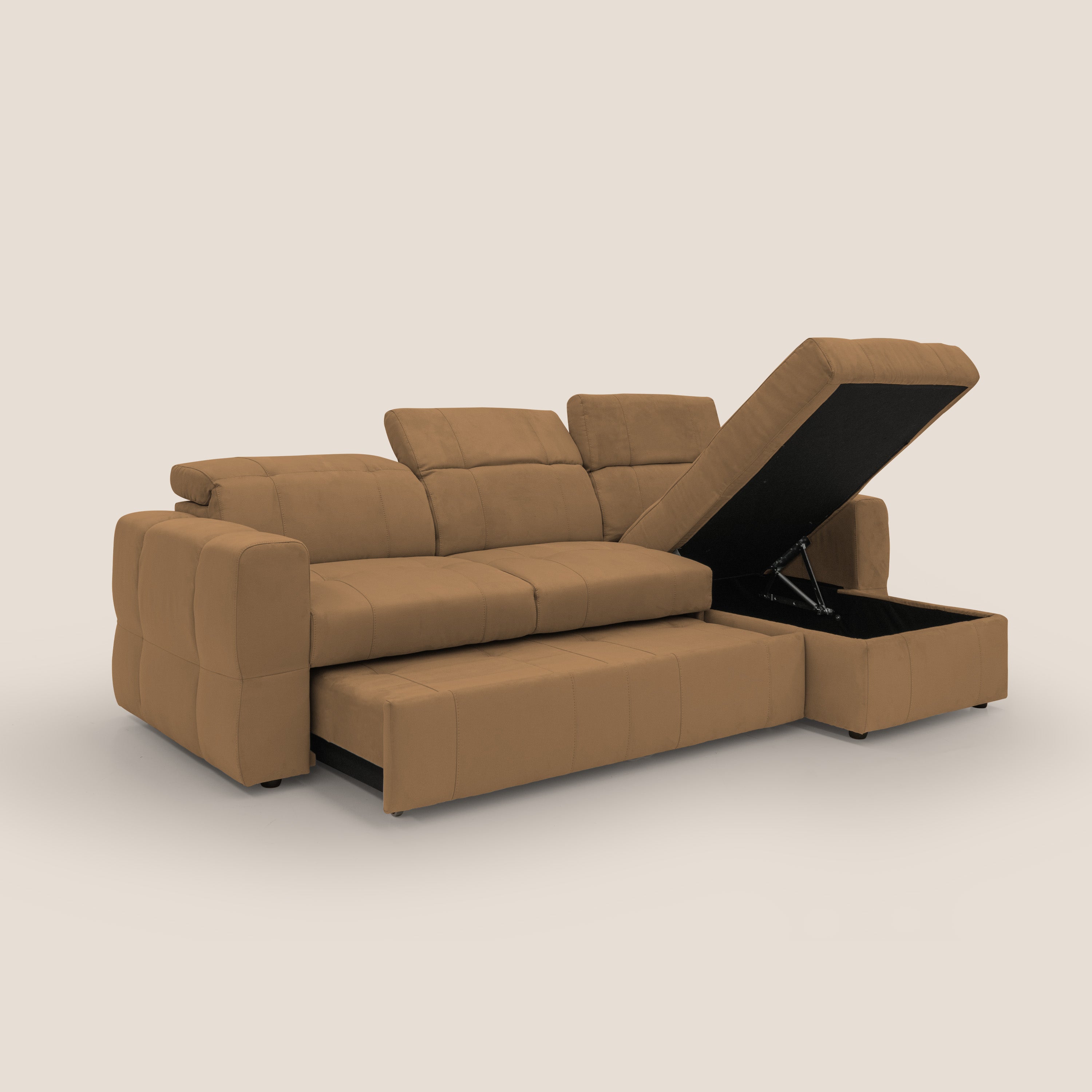 Kronos Divano angolare con pouf estraibile e penisola contenitore in microfibra impermeabile T11 cuoio - divani.store
