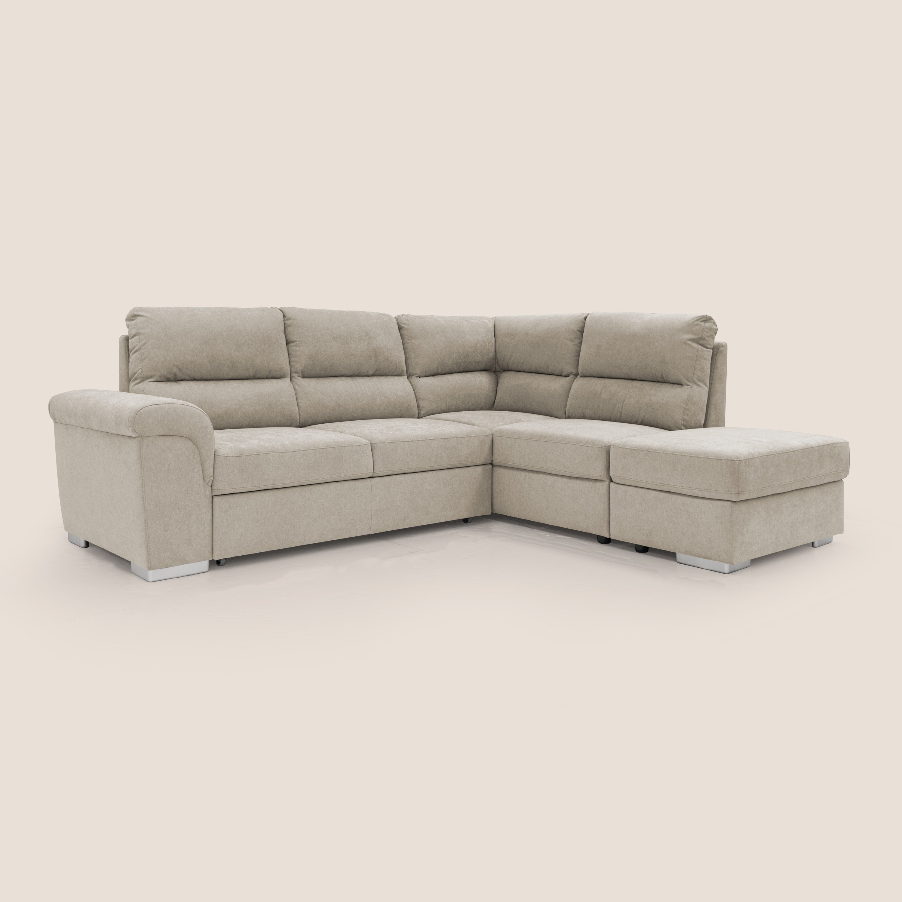 Minerva divano angolare con estraibile a cassettone e pouf contenitore in tessuto morbido impermeabile T02 panna - divani.store
