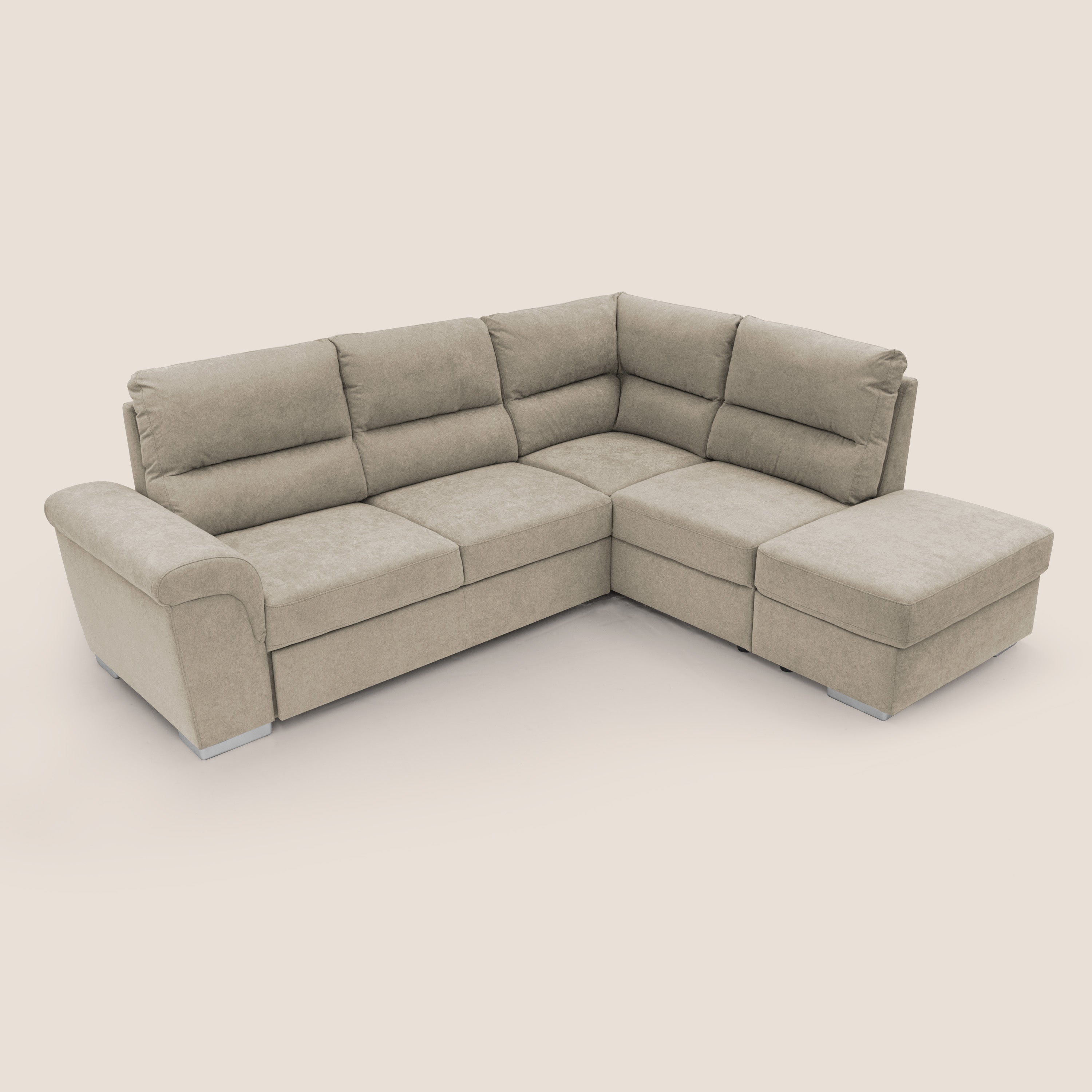 Minerva divano angolare con estraibile a cassettone e pouf contenitore in tessuto morbido impermeabile T02 panna - divani.store
