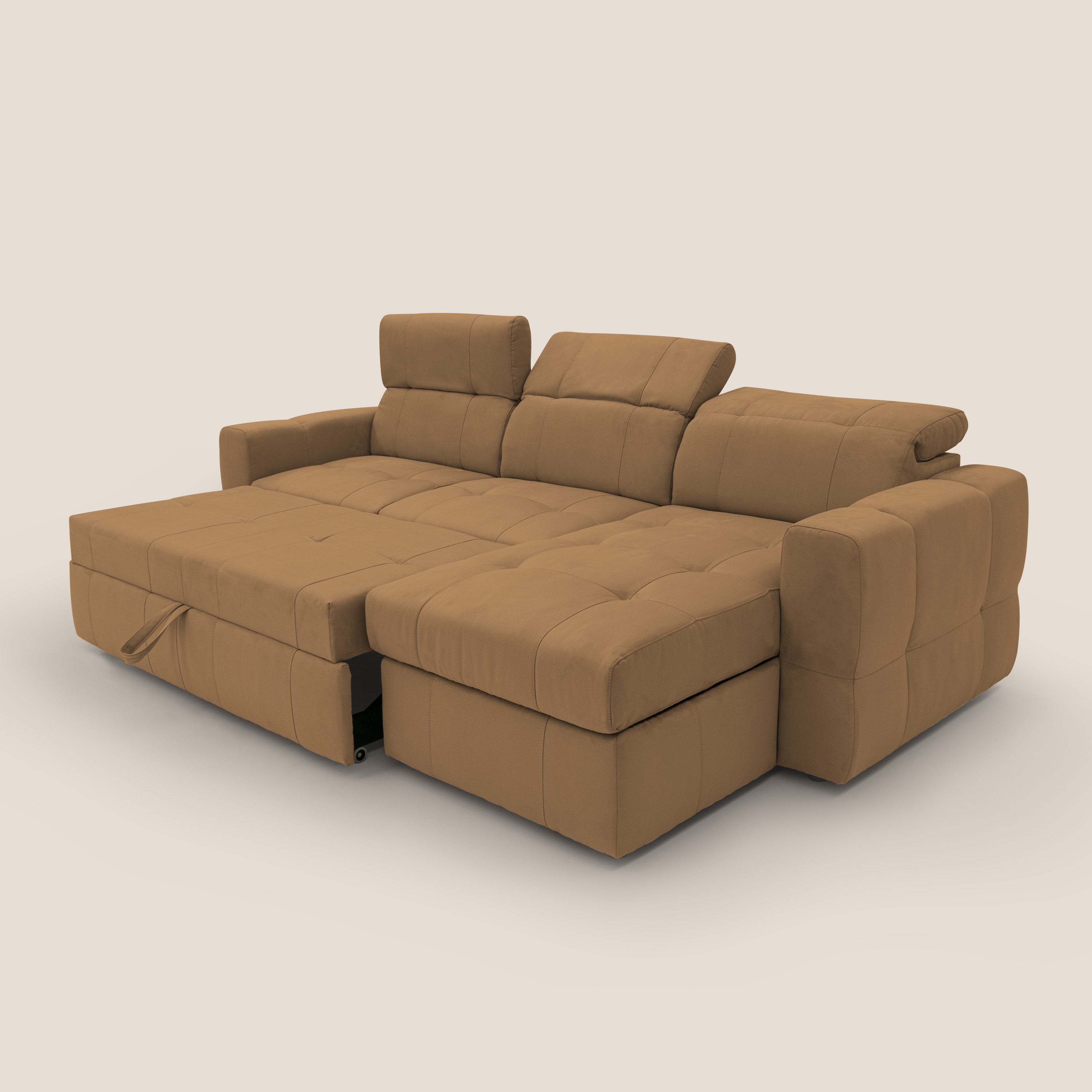 Kronos Divano angolare con pouf estraibile e penisola contenitore in microfibra impermeabile T11 cuoio - divani.store