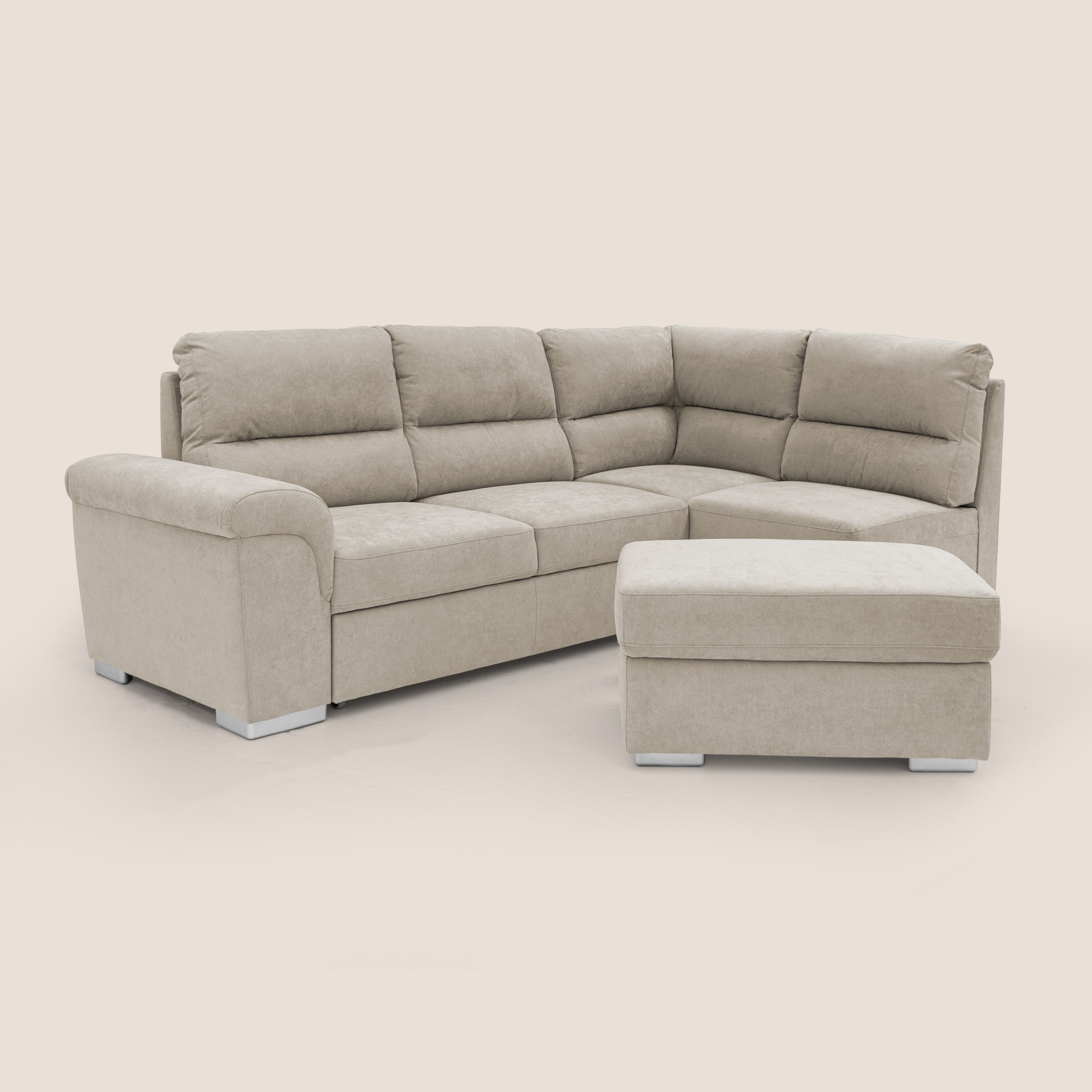 Minerva divano angolare con estraibile a cassettone e pouf contenitore in tessuto morbido impermeabile T02 panna - divani.store