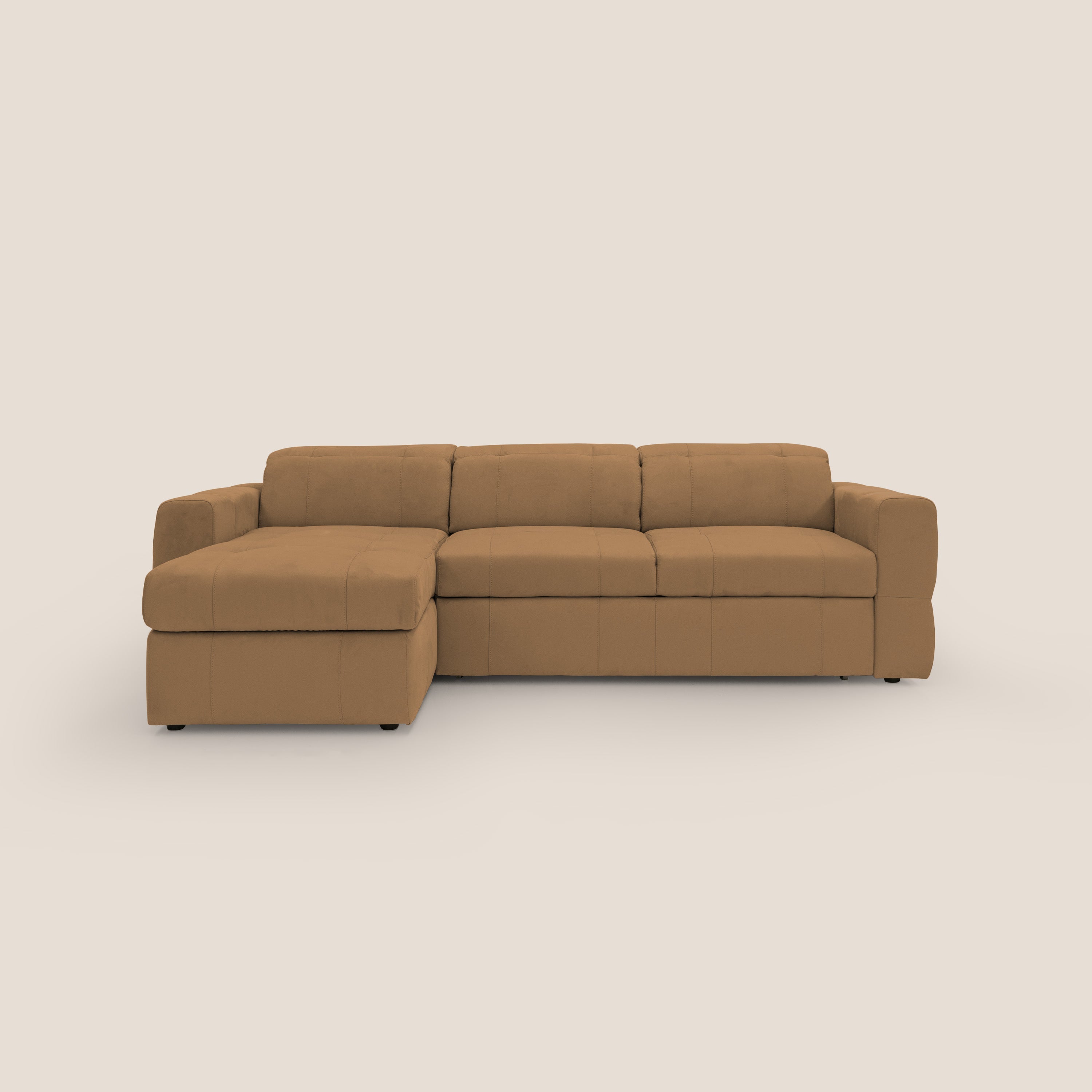 Kronos Divano angolare con pouf estraibile e penisola contenitore in microfibra impermeabile T11 cuoio - divani.store