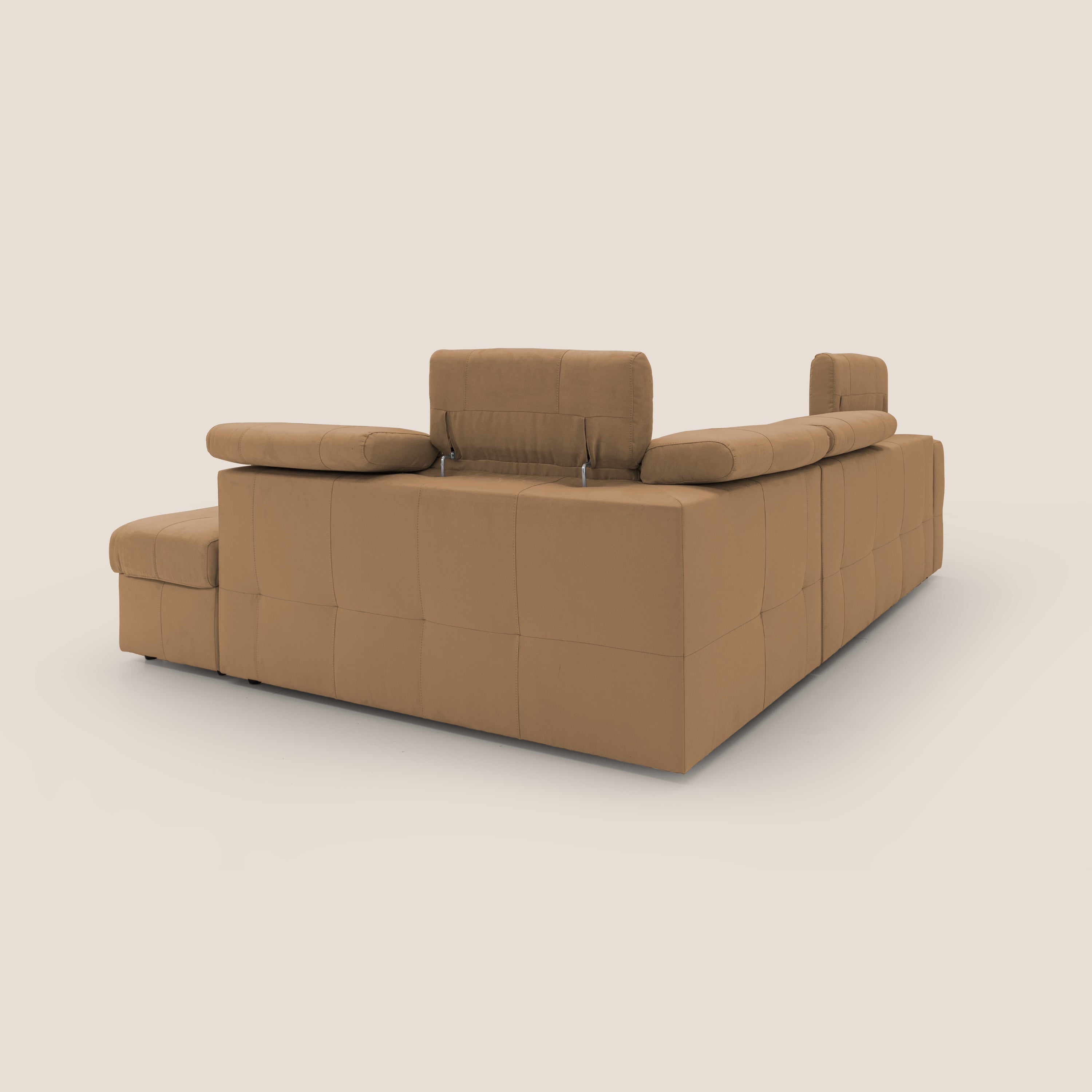 Kronos Divano angolare con poggiapiedi estraibile e pouf contenitore mobile in microfibra impermeabile T11 cuoio - divani.store